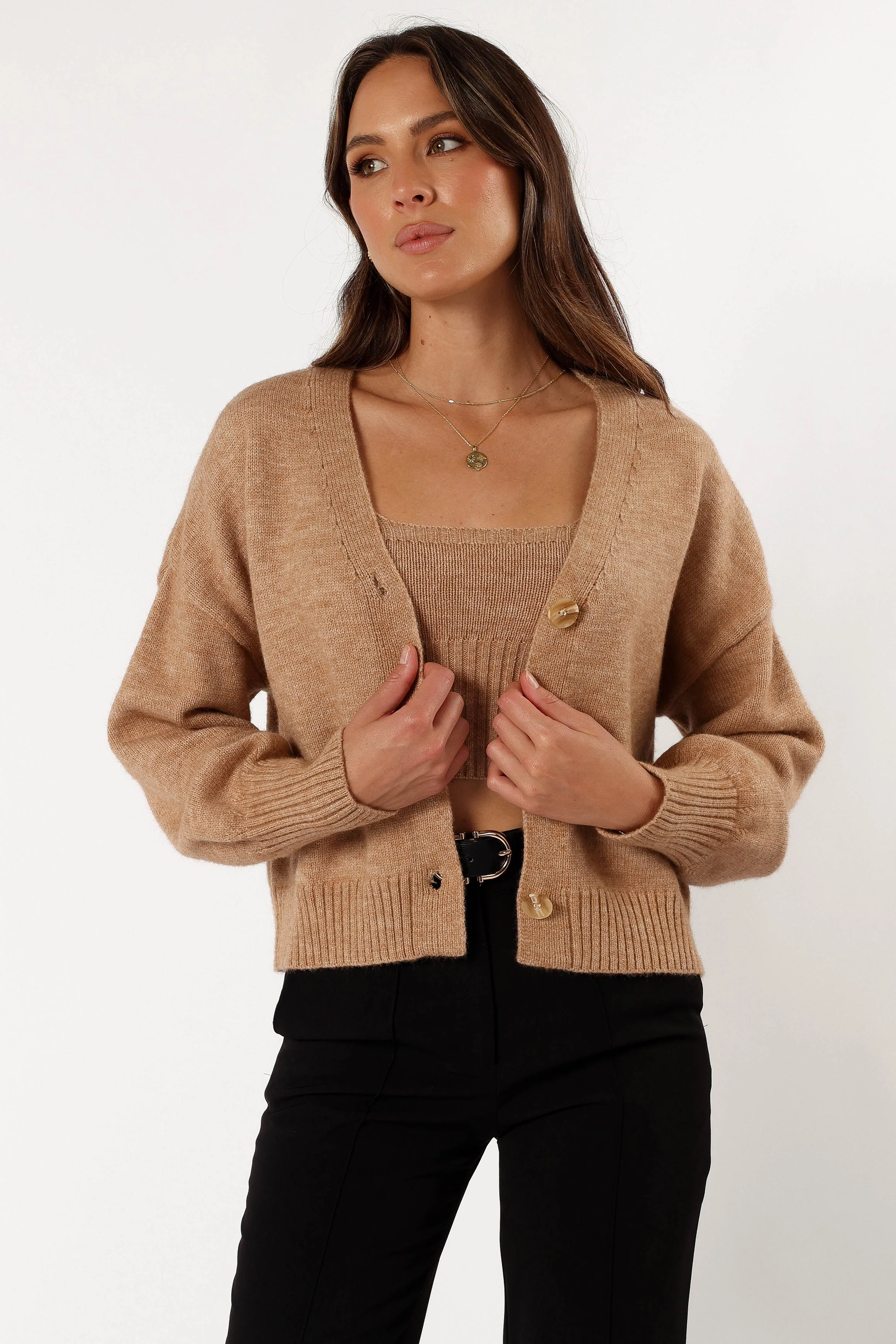 Isabel Button Front Cardigan - Beige