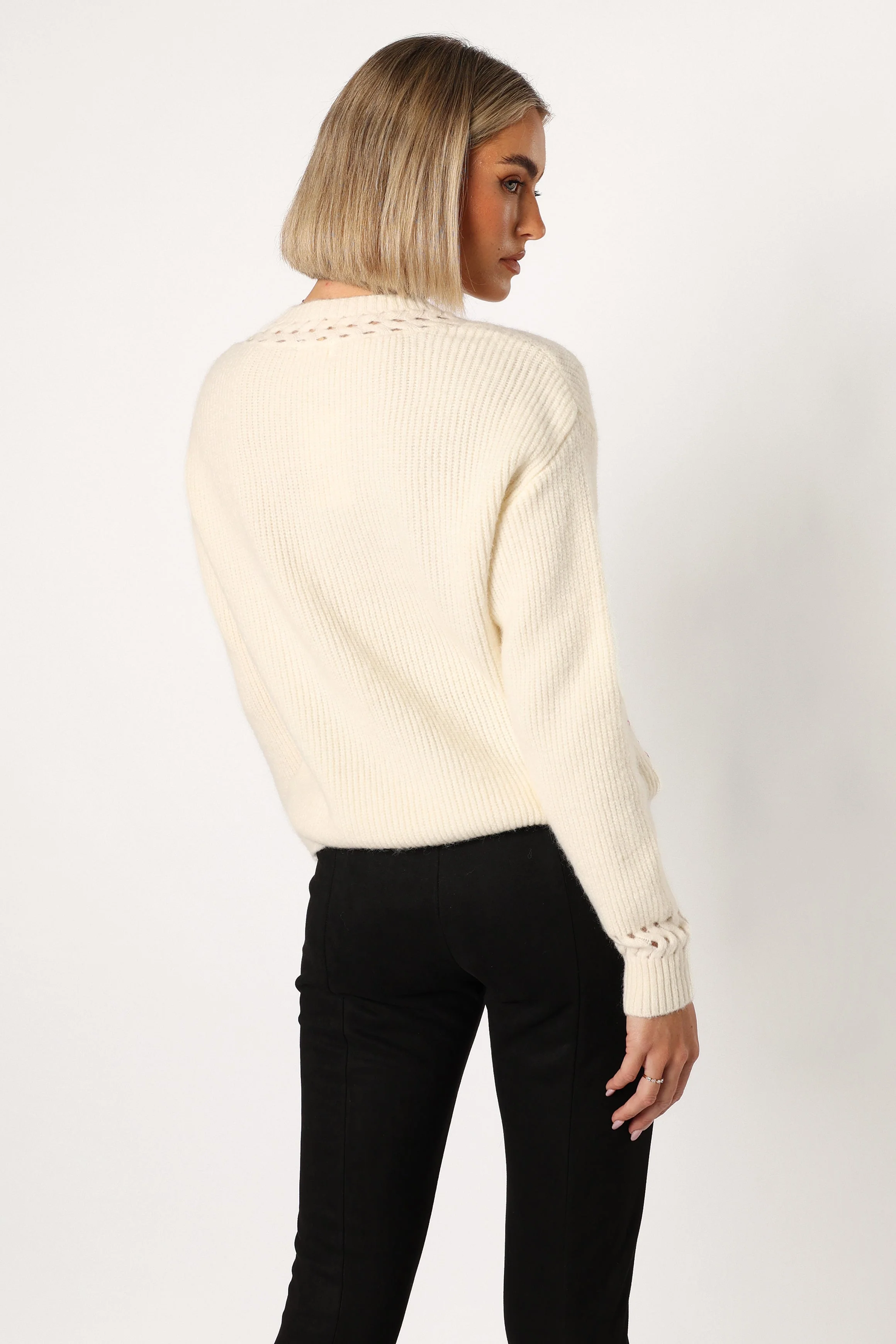 Journee Jewel Embellished V Neck Knit Sweater - Cream