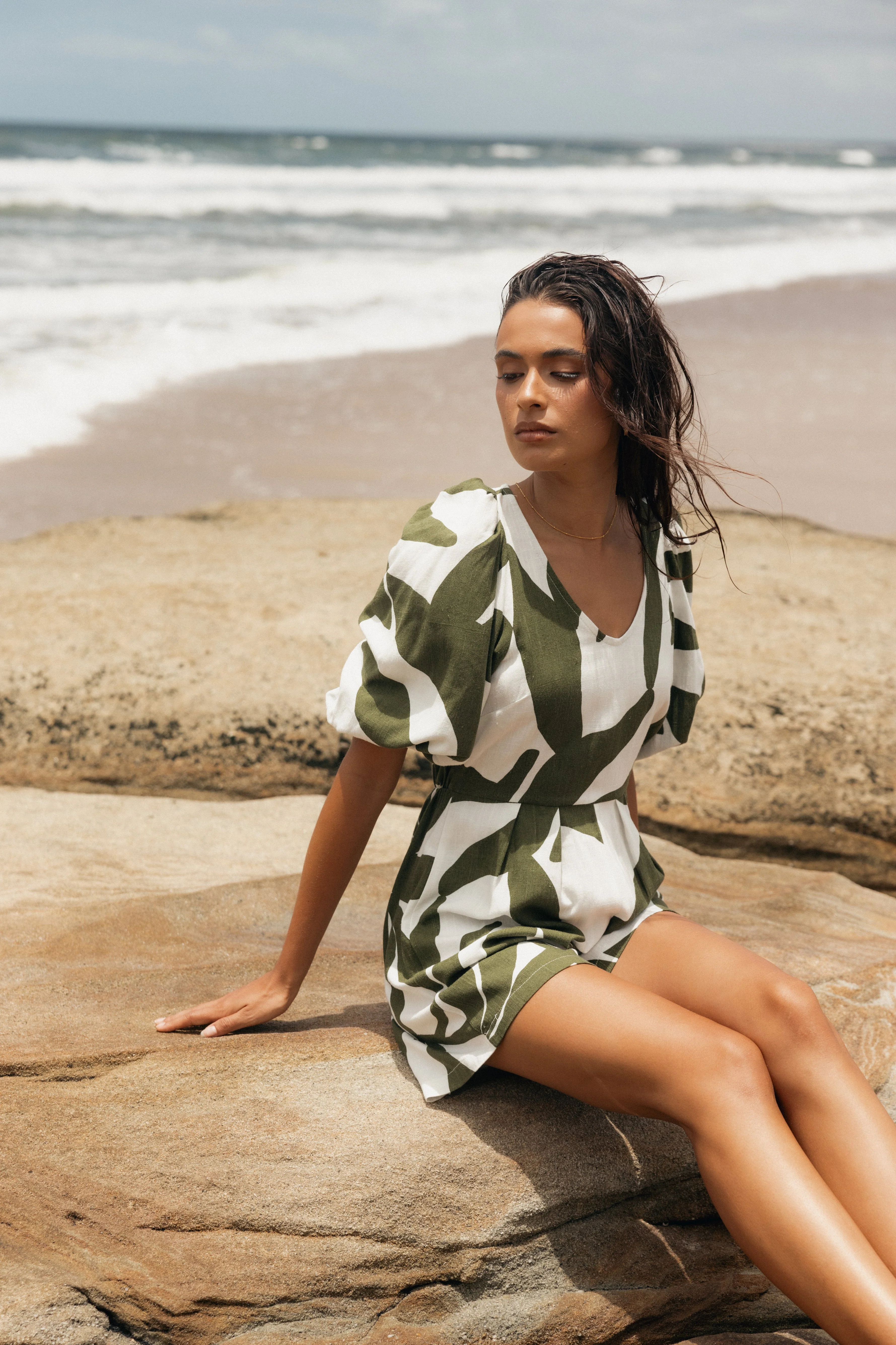 Matilda Playsuit - Olive Palm