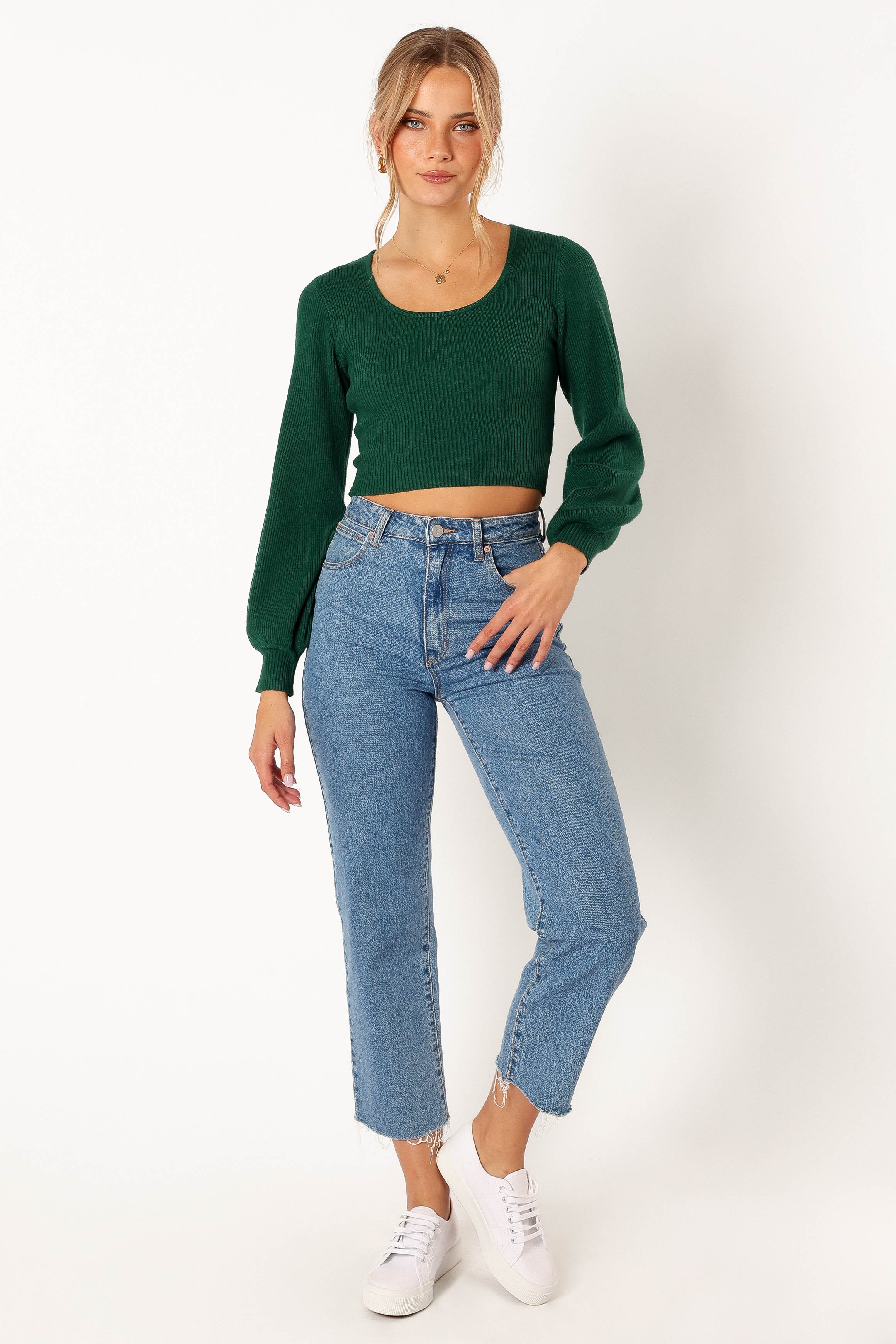 Daphne Crewneck Bubble Sleeve Knit Sweater - Dark Green