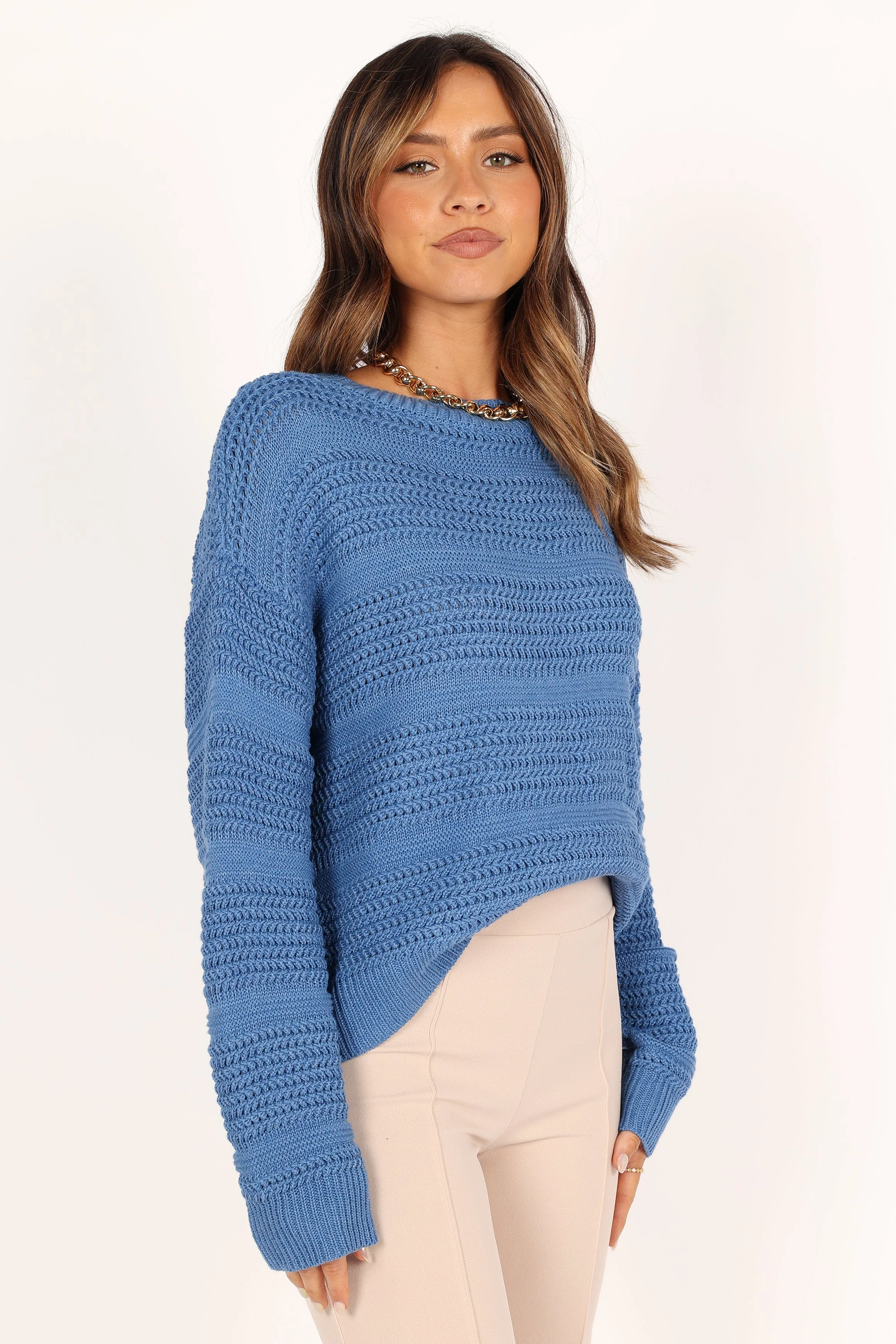 Nancy Crewneck Textured Knit Sweater - Blue