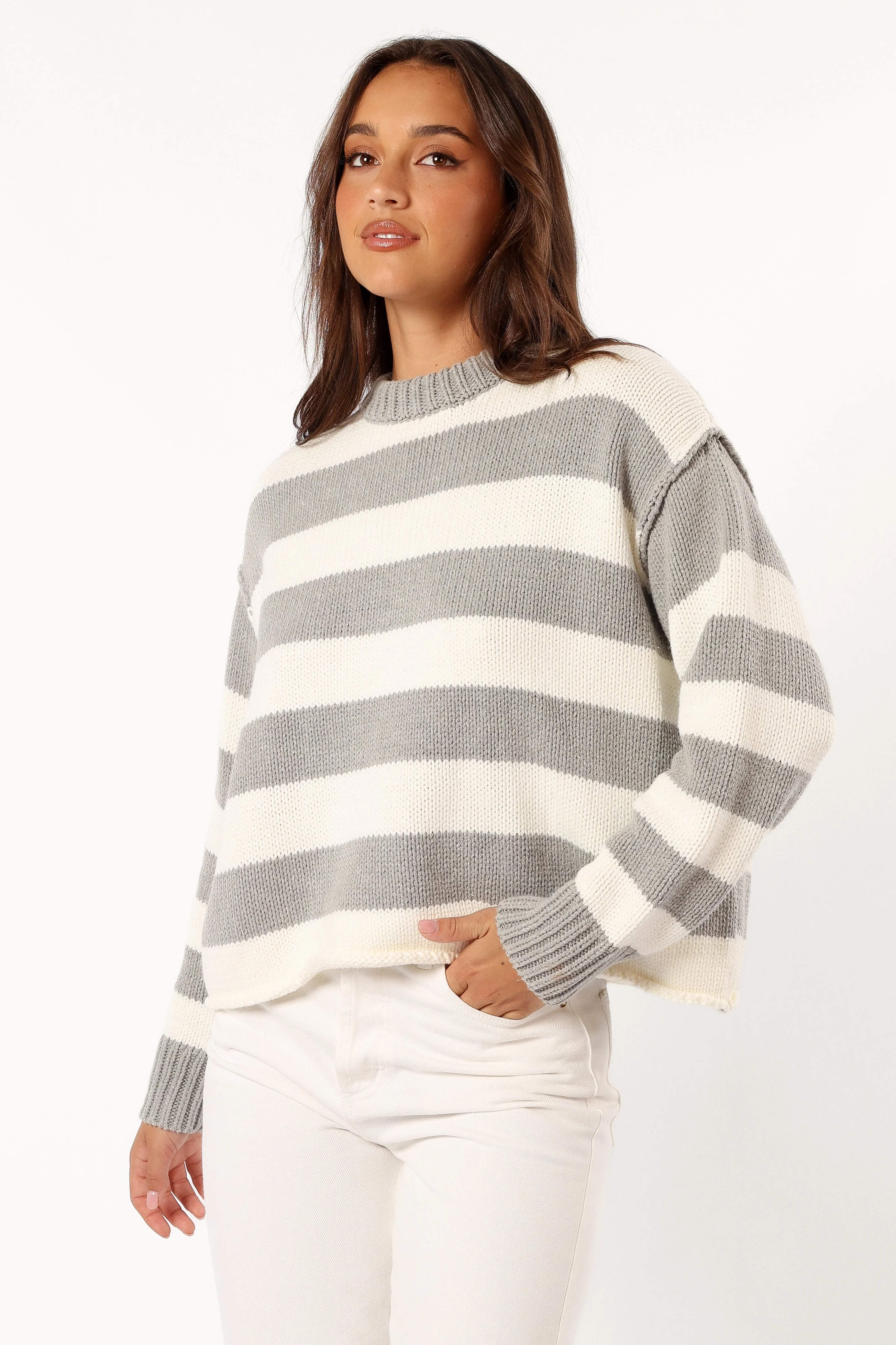 Gretchen Stripe Crewneck Knit Sweater - Grey