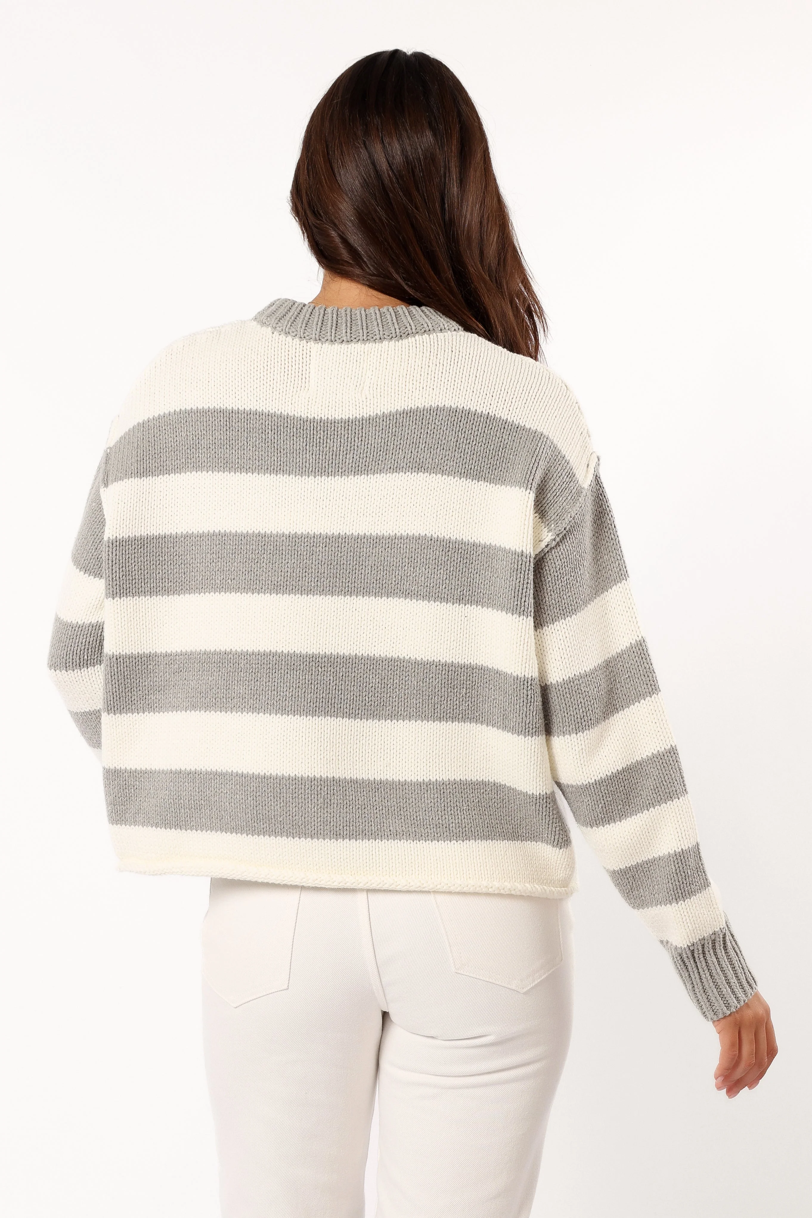 Gretchen Stripe Crewneck Knit Sweater - Grey