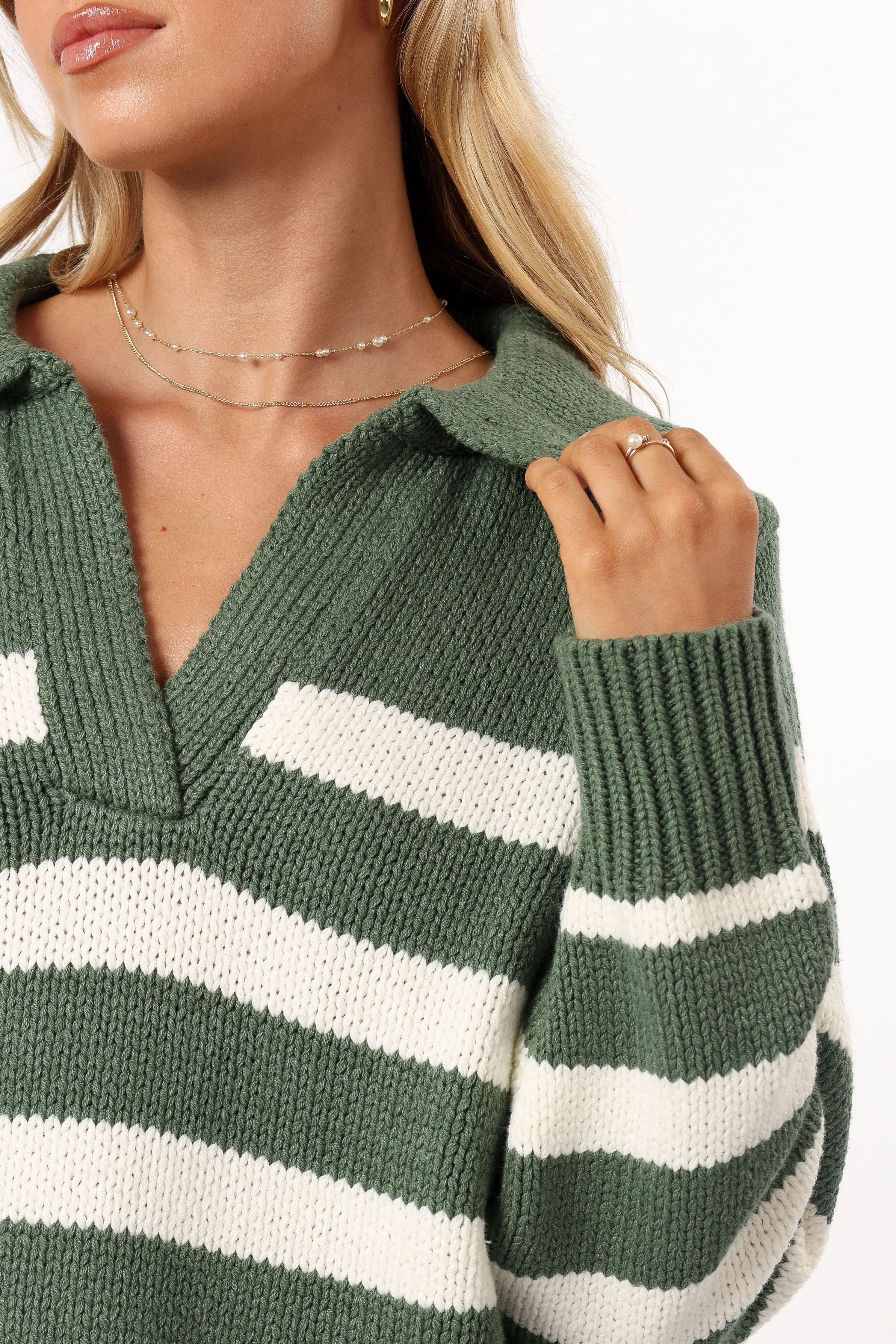 Shea Striped Collar Knit Sweater - Khaki White