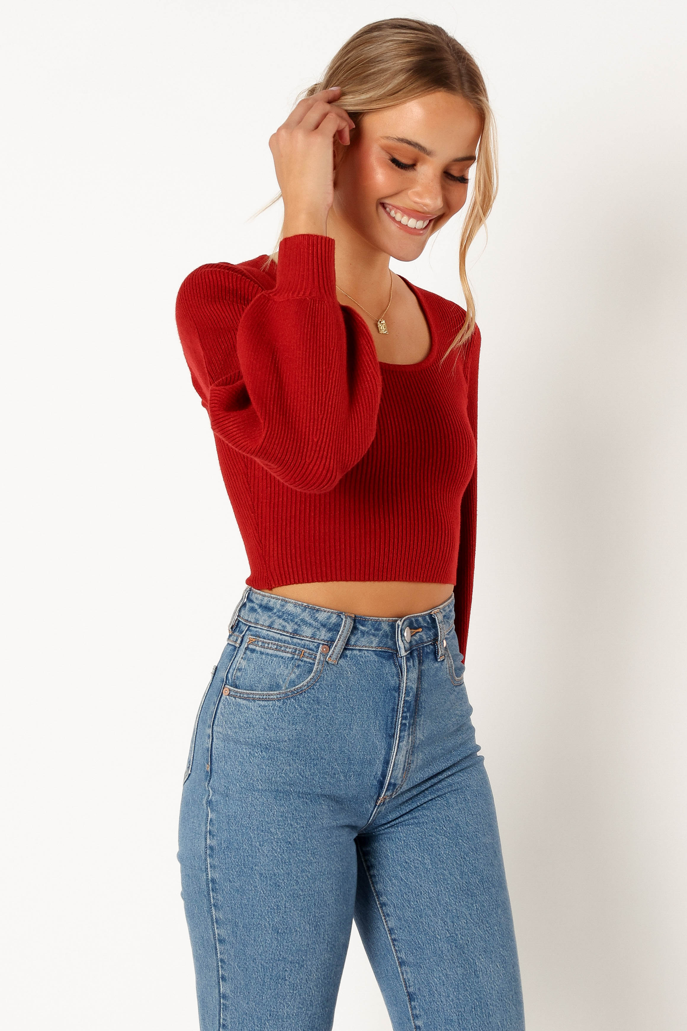 Daphne Crewneck Bubble Sleeve Knit Sweater - Burgundy