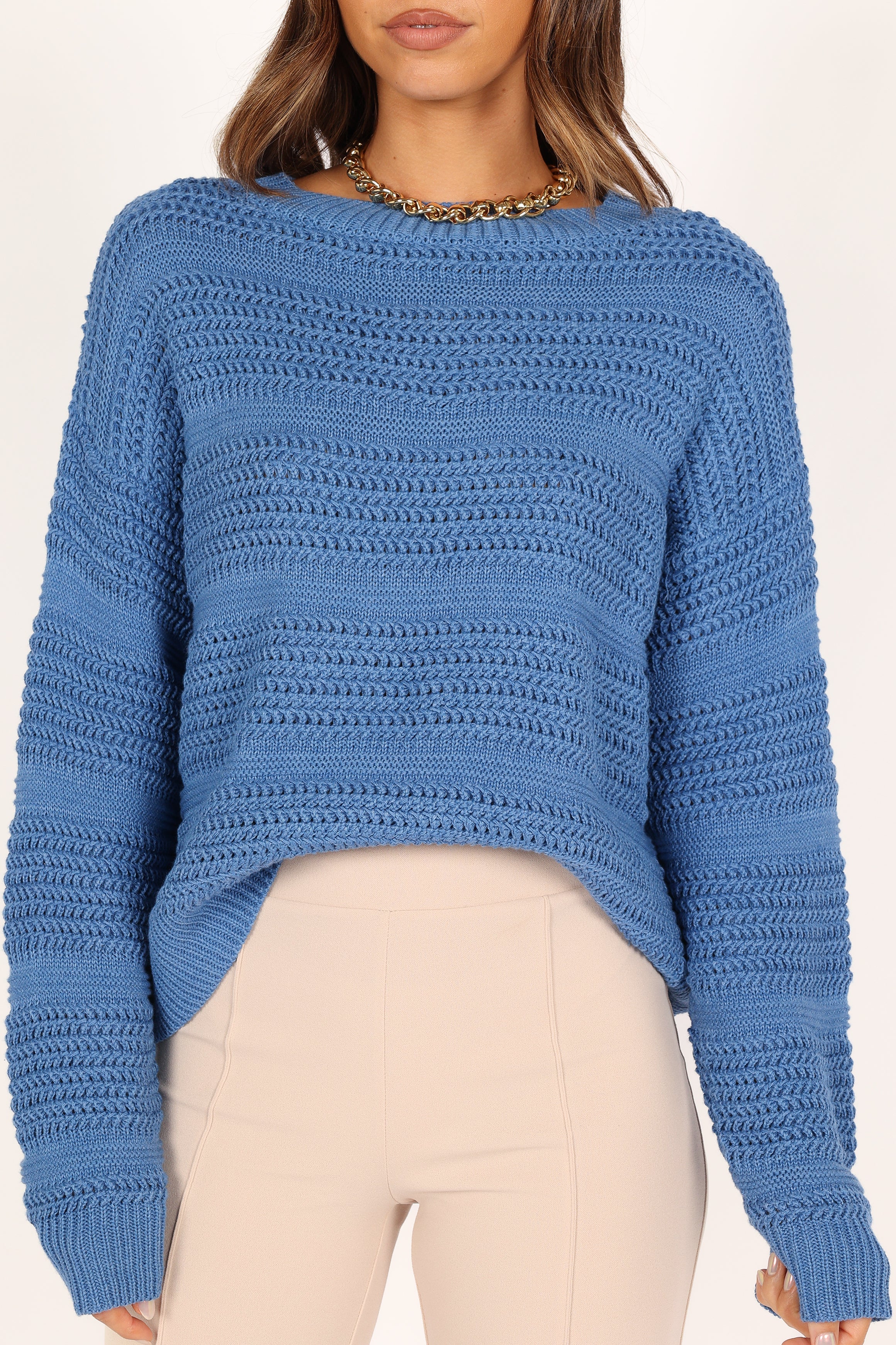 Nancy Crewneck Textured Knit Sweater - Blue