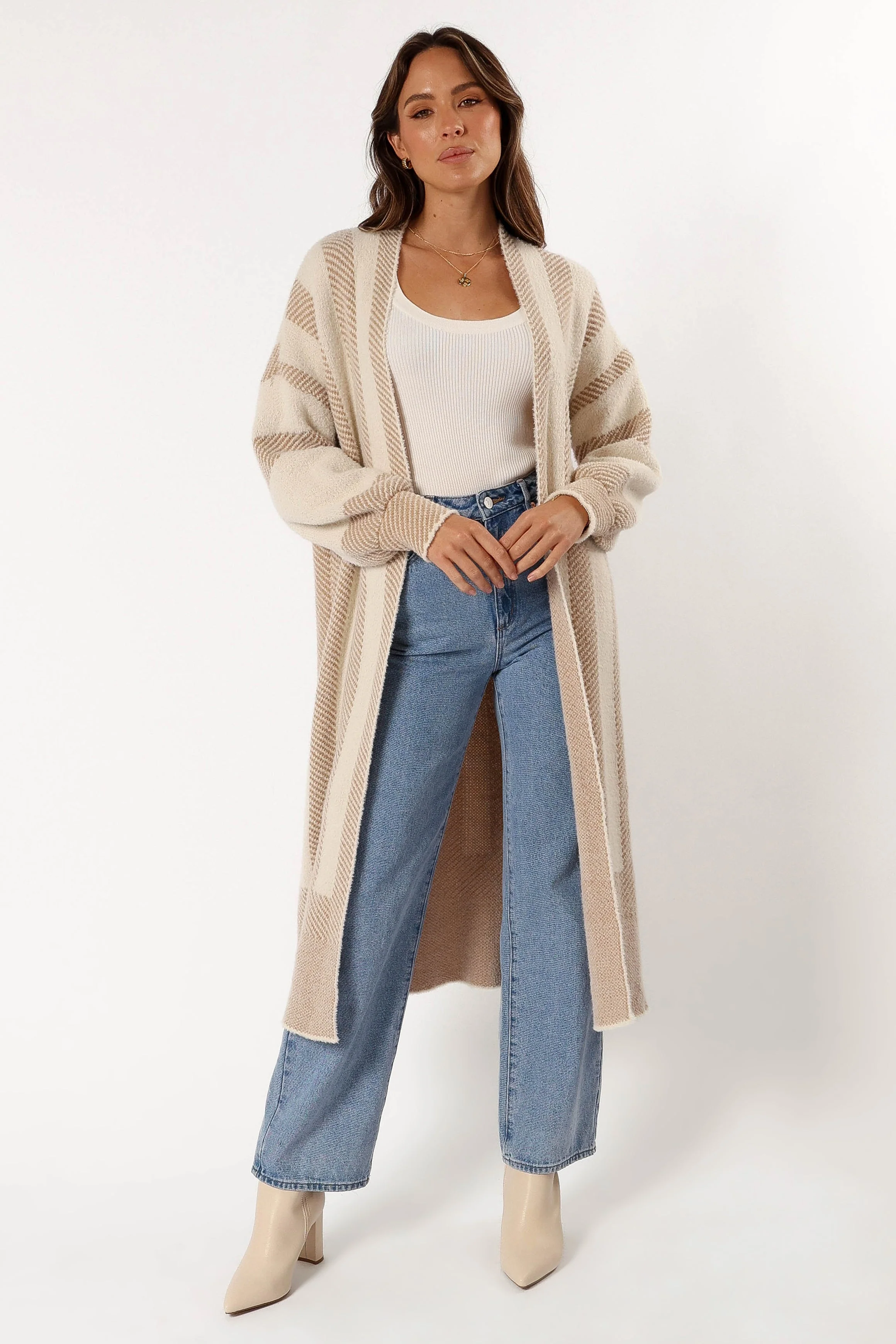 Anita Stripe Long Cardigan - Beige