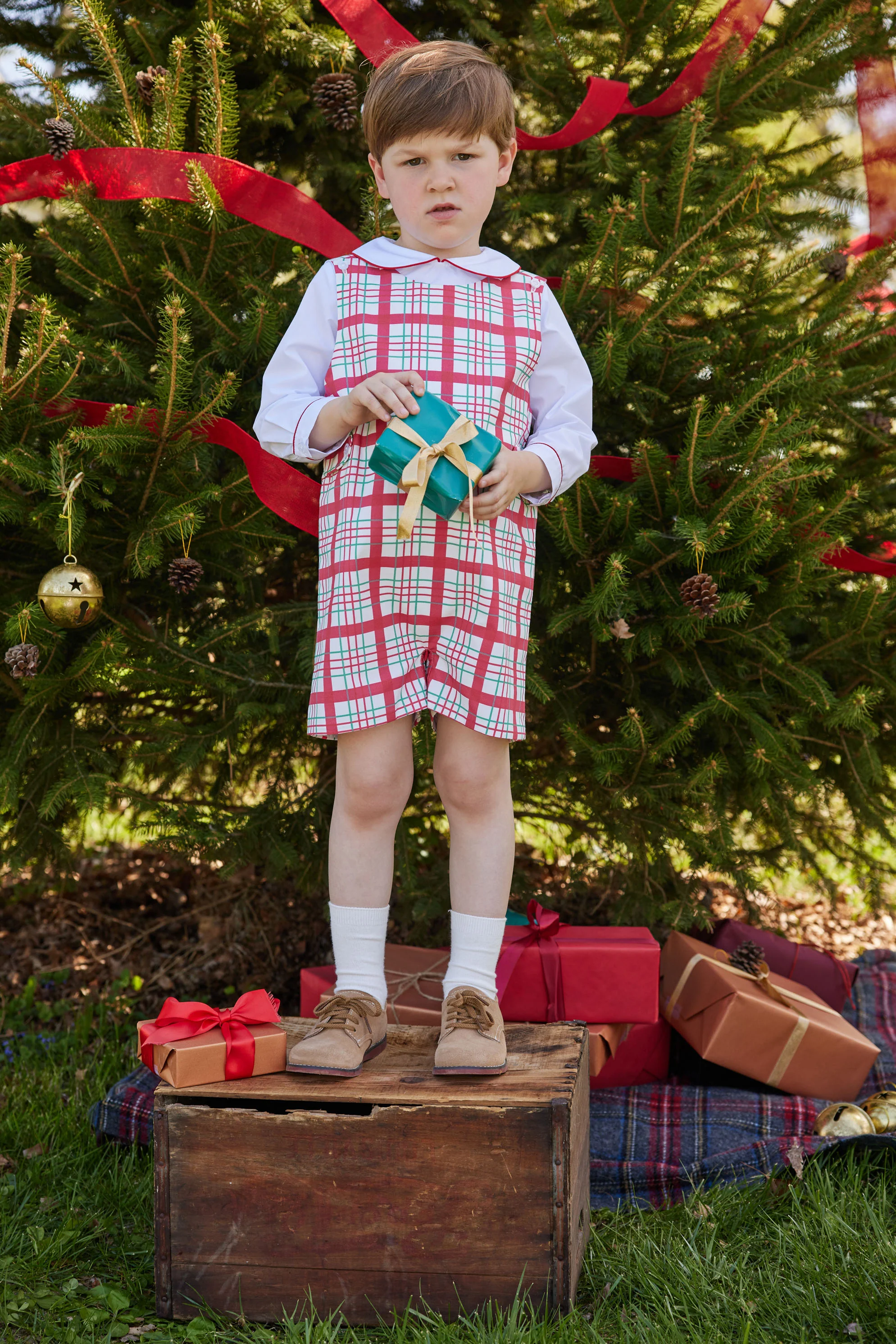 Button Tab John John Set - Holiday Plaid