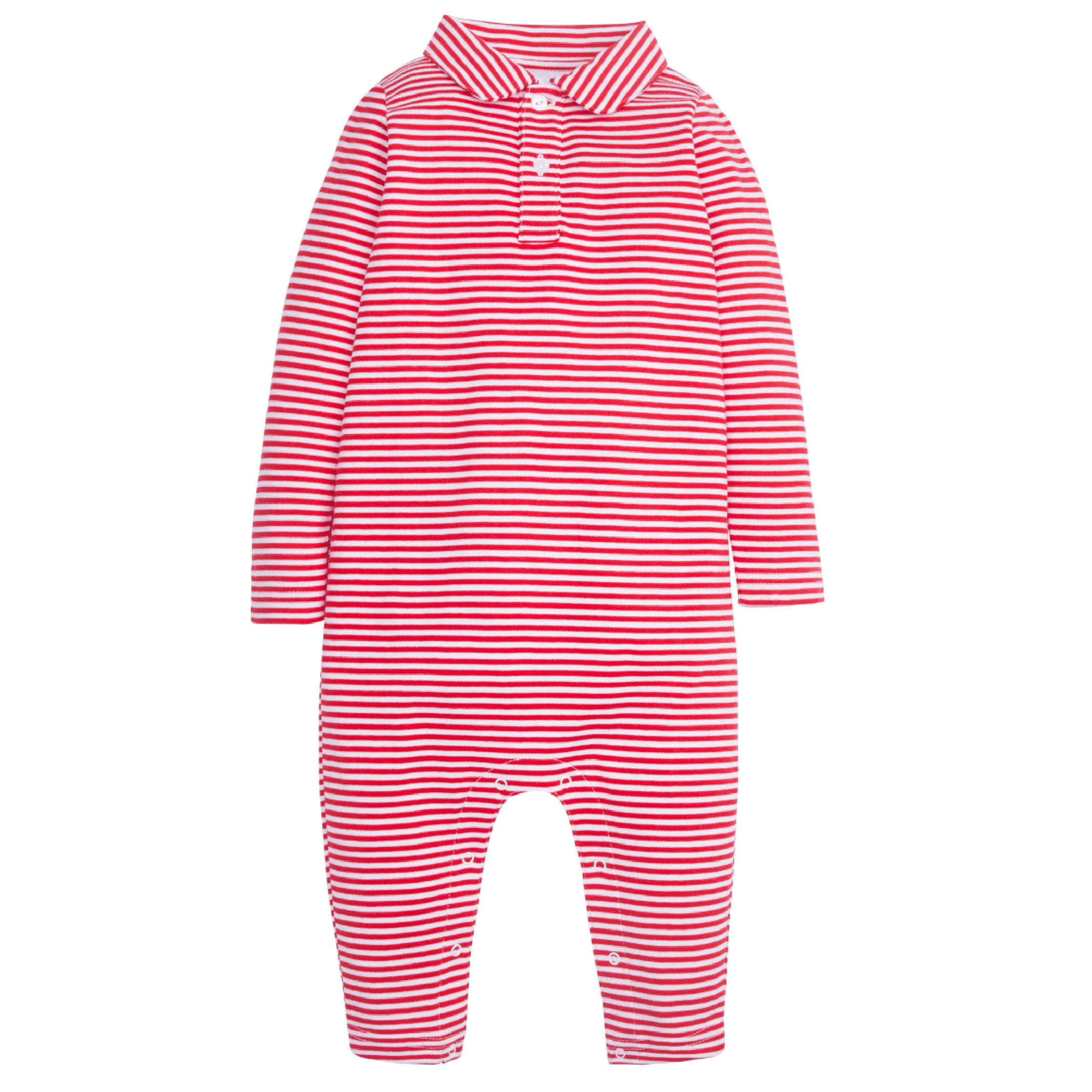 Long Sleeve Polo Romper - Red Stripe
