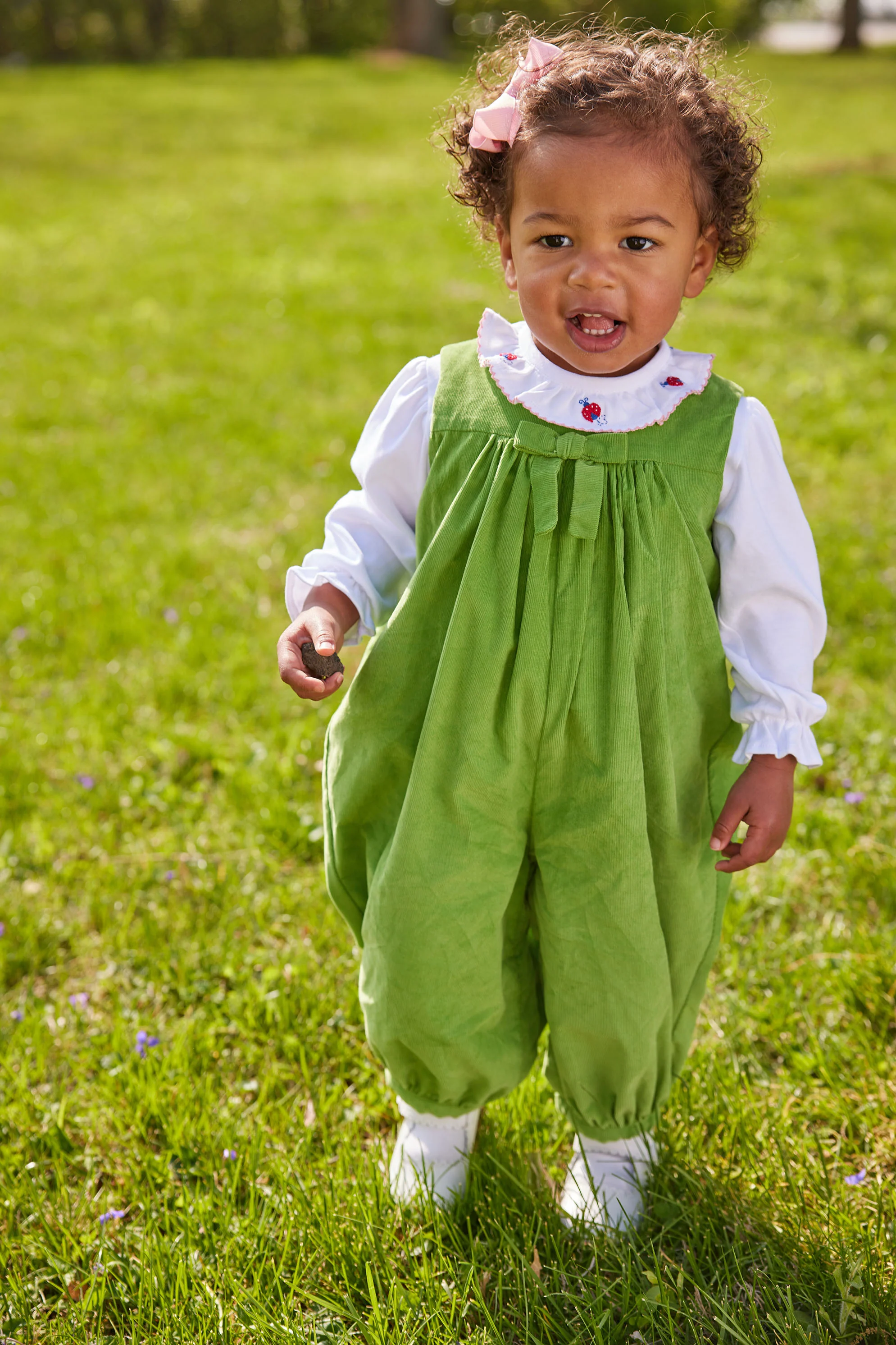 Pleated Bow Romper - Sage Green Corduroy