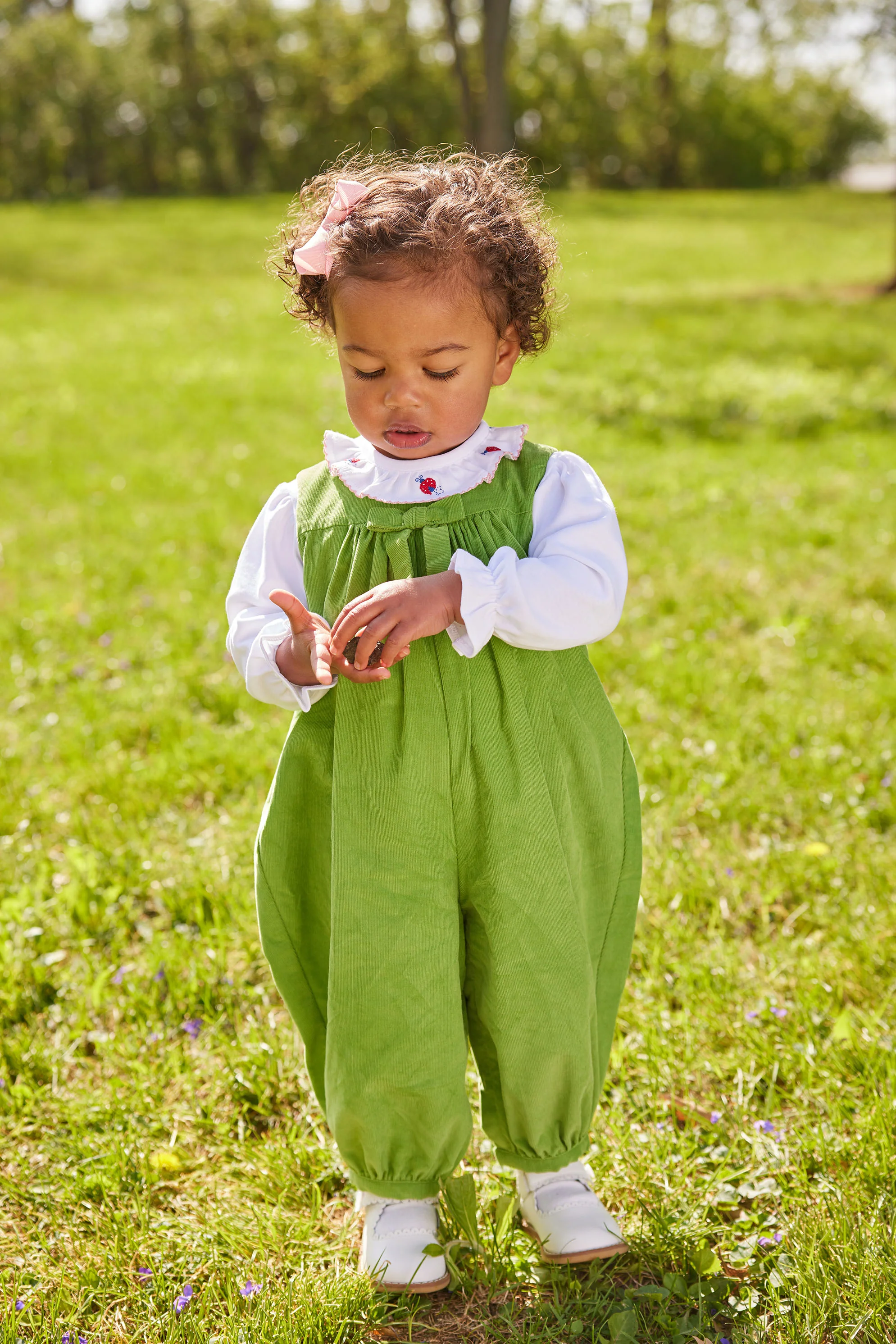 Pleated Bow Romper - Sage Green Corduroy