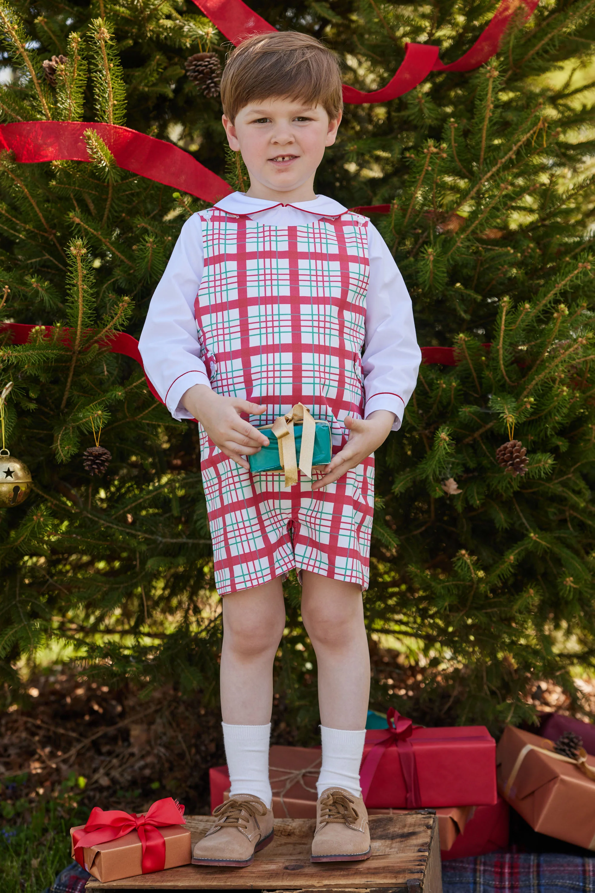 Button Tab John John Set - Holiday Plaid