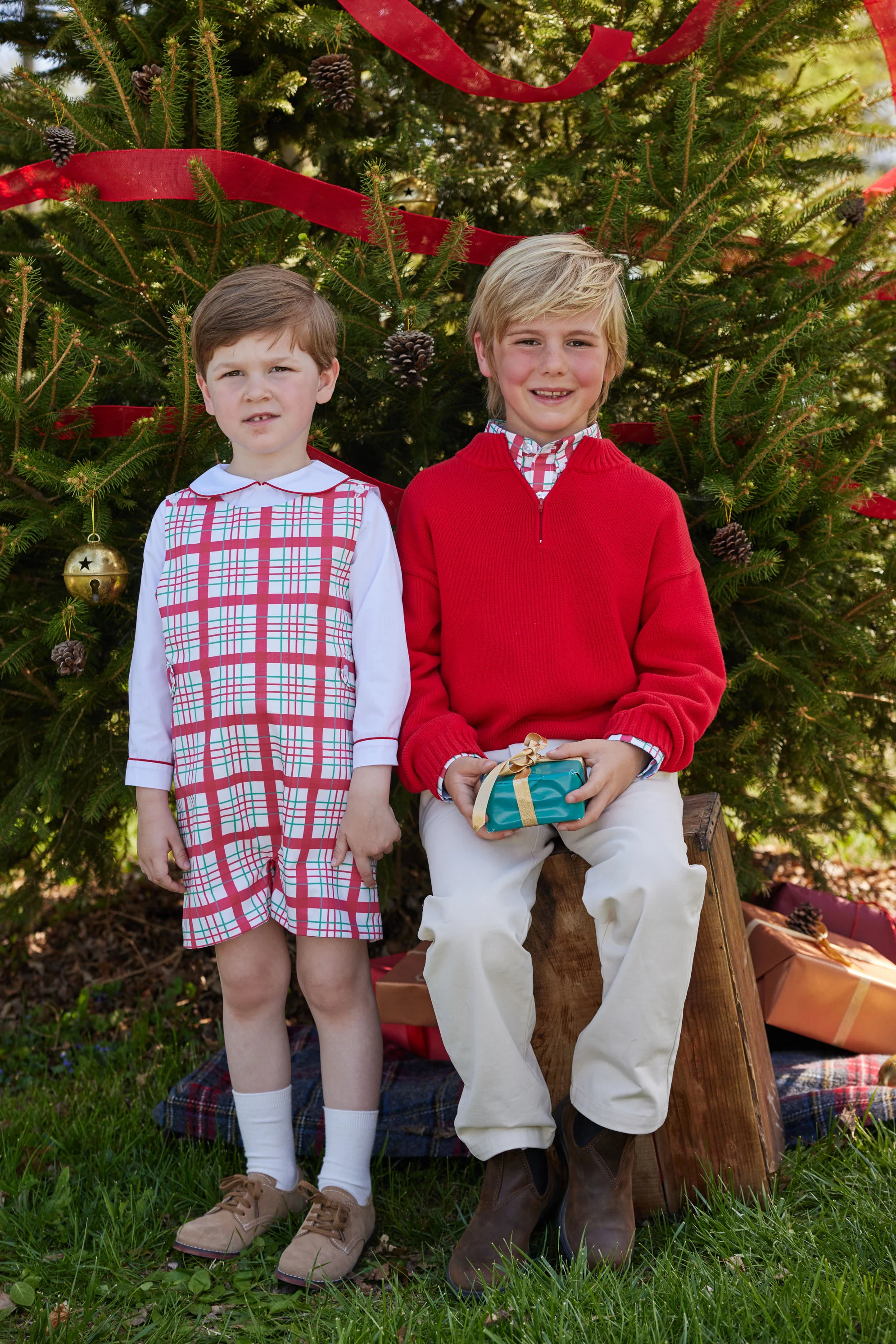 Button Tab John John Set - Holiday Plaid