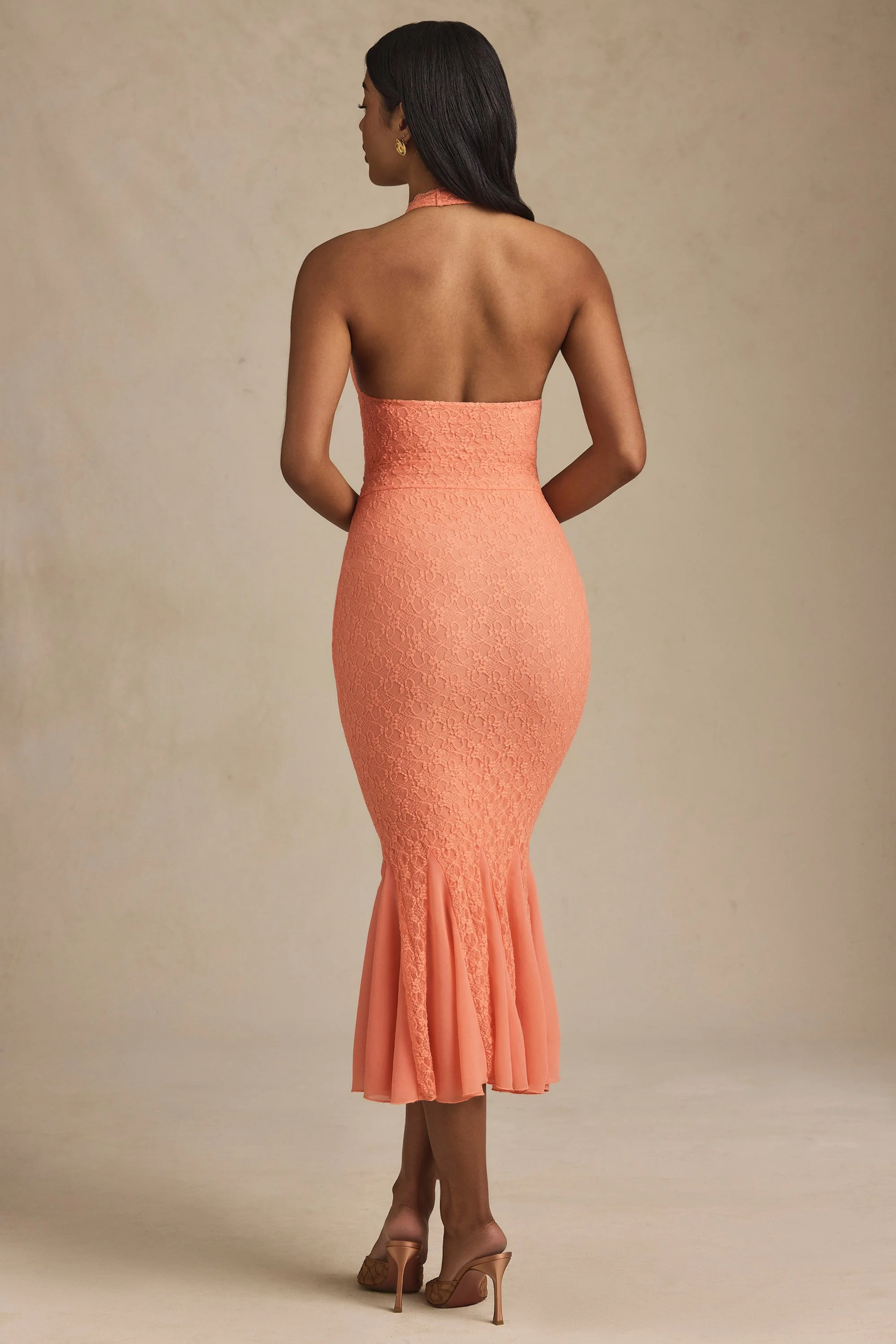 Halterneck Corset Lace Midaxi Dress in Peach