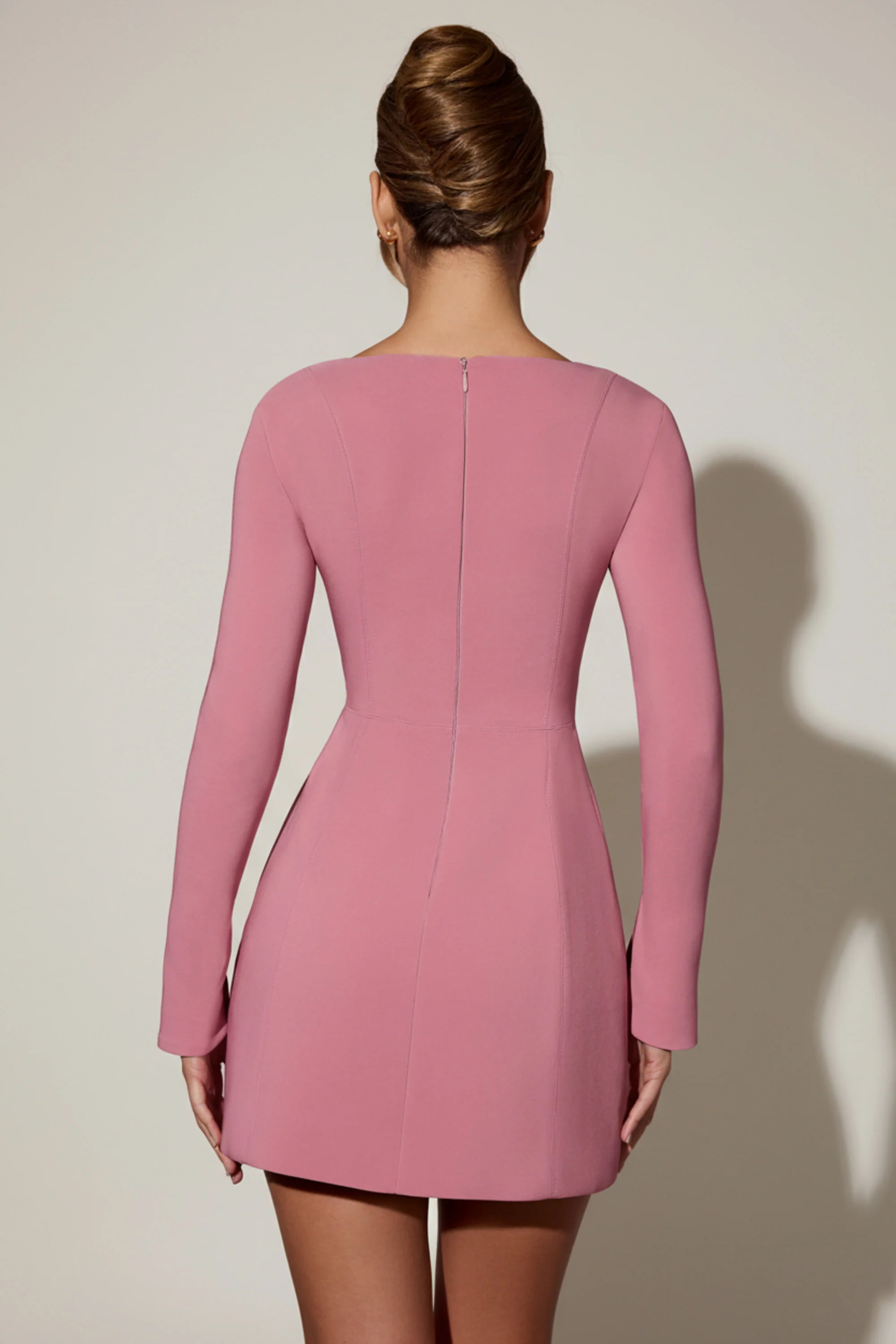 Sweetheart-Neck Long-Sleeve A-Line Mini Dress in Dusty Pink