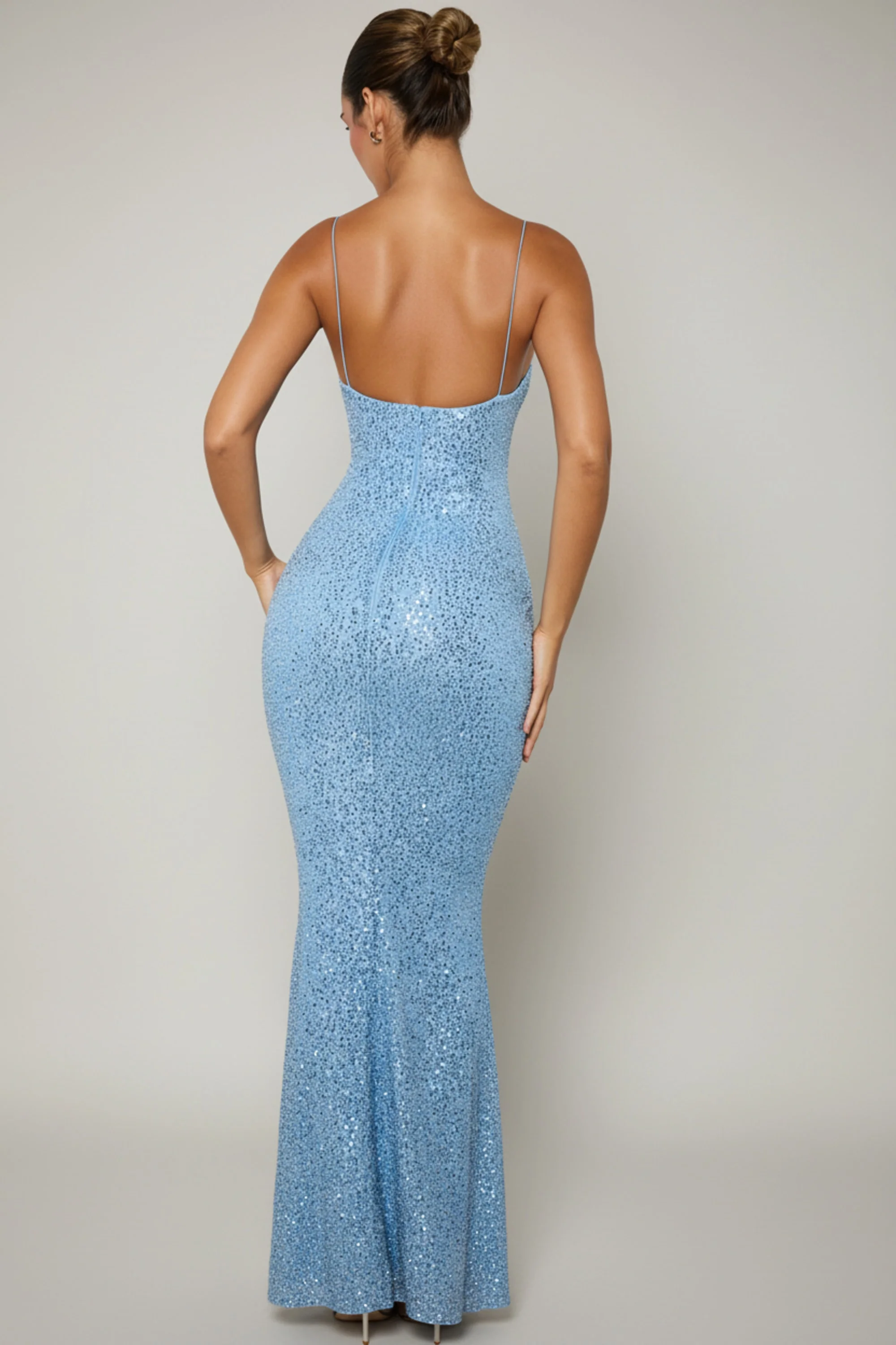 Embellished Fishtail Maxi Dress in Light Blue
