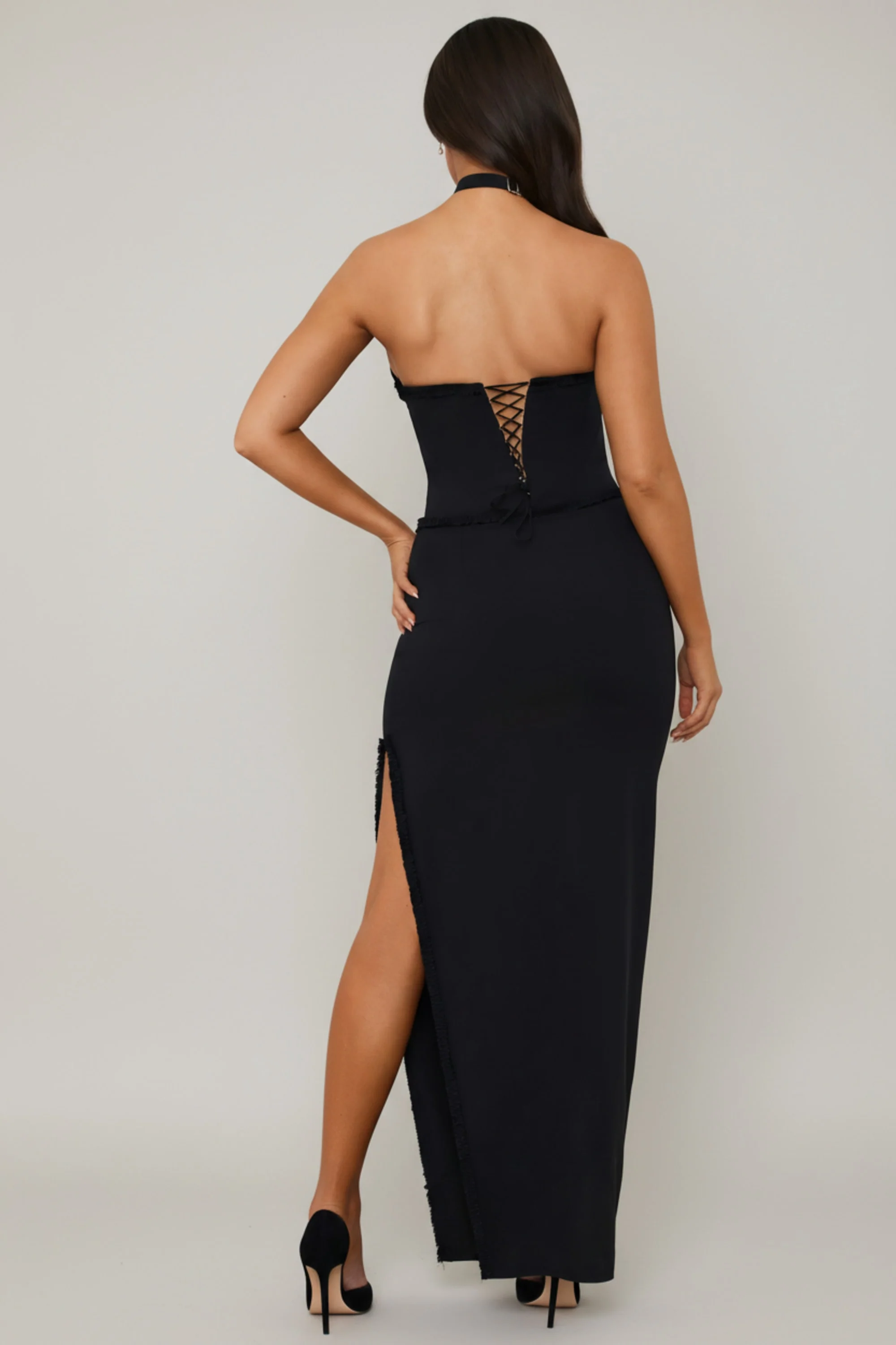 Halterneck Lace-Up Corset Maxi Dress in Black