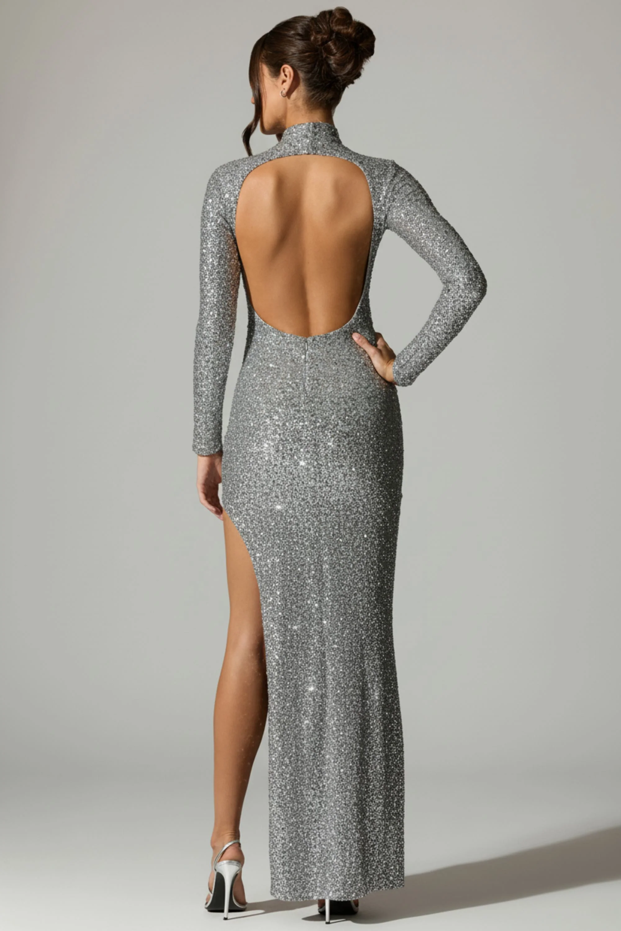 Embellished Open-Back Gown in Silver