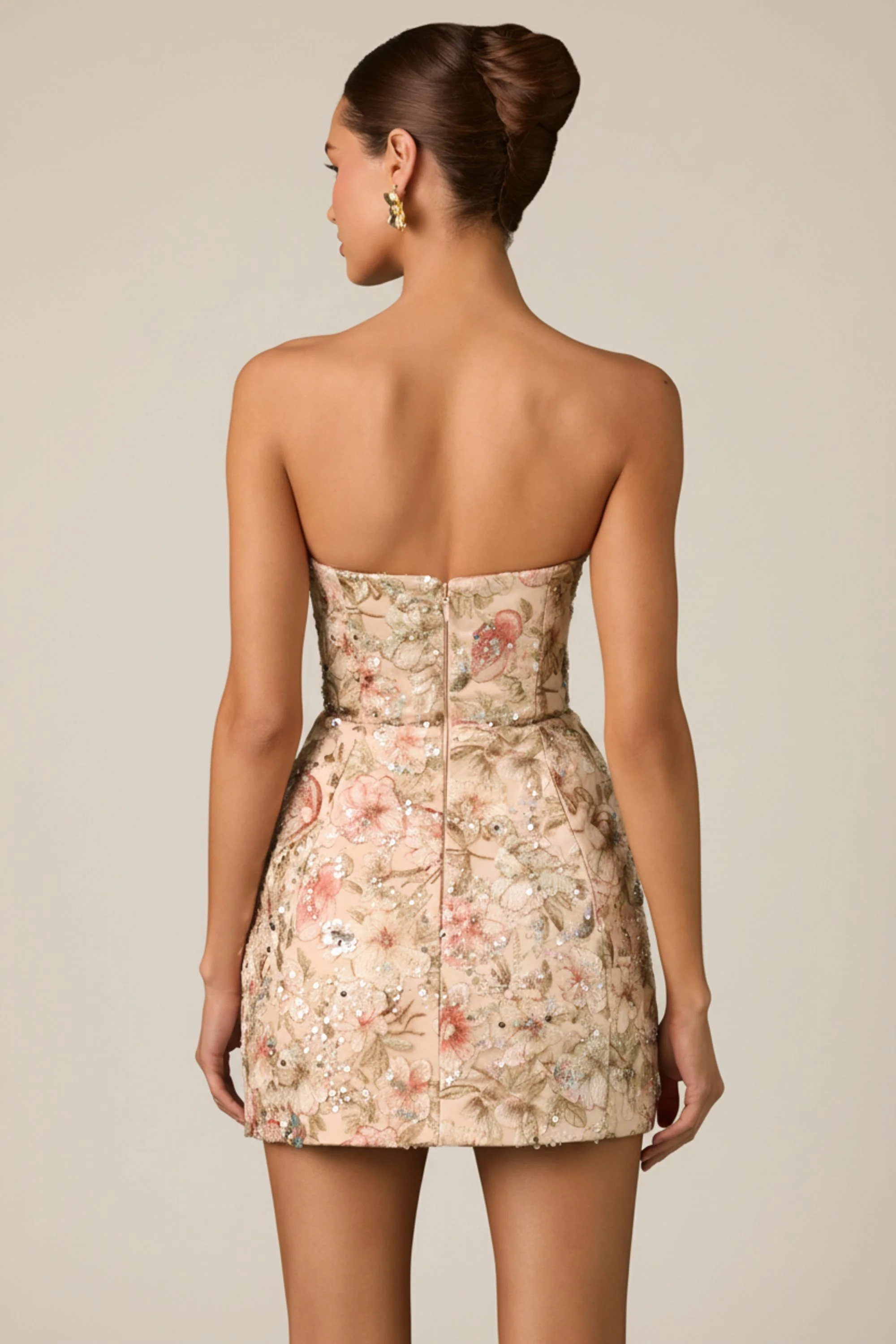 Embellished Strapless A-Line Mini Dress in Floral Beige