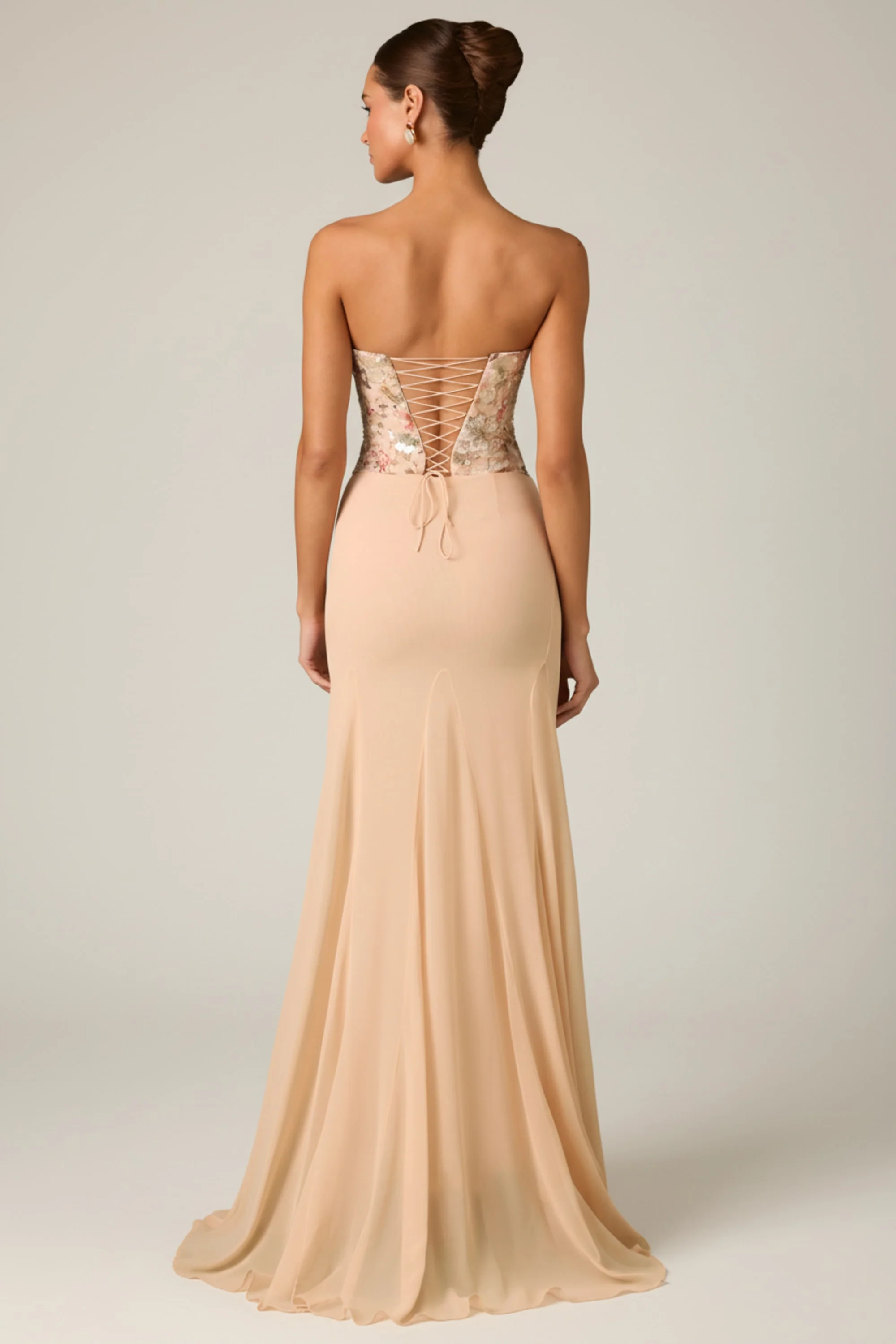 Embellished Corset Fishtail Gown in Floral Beige