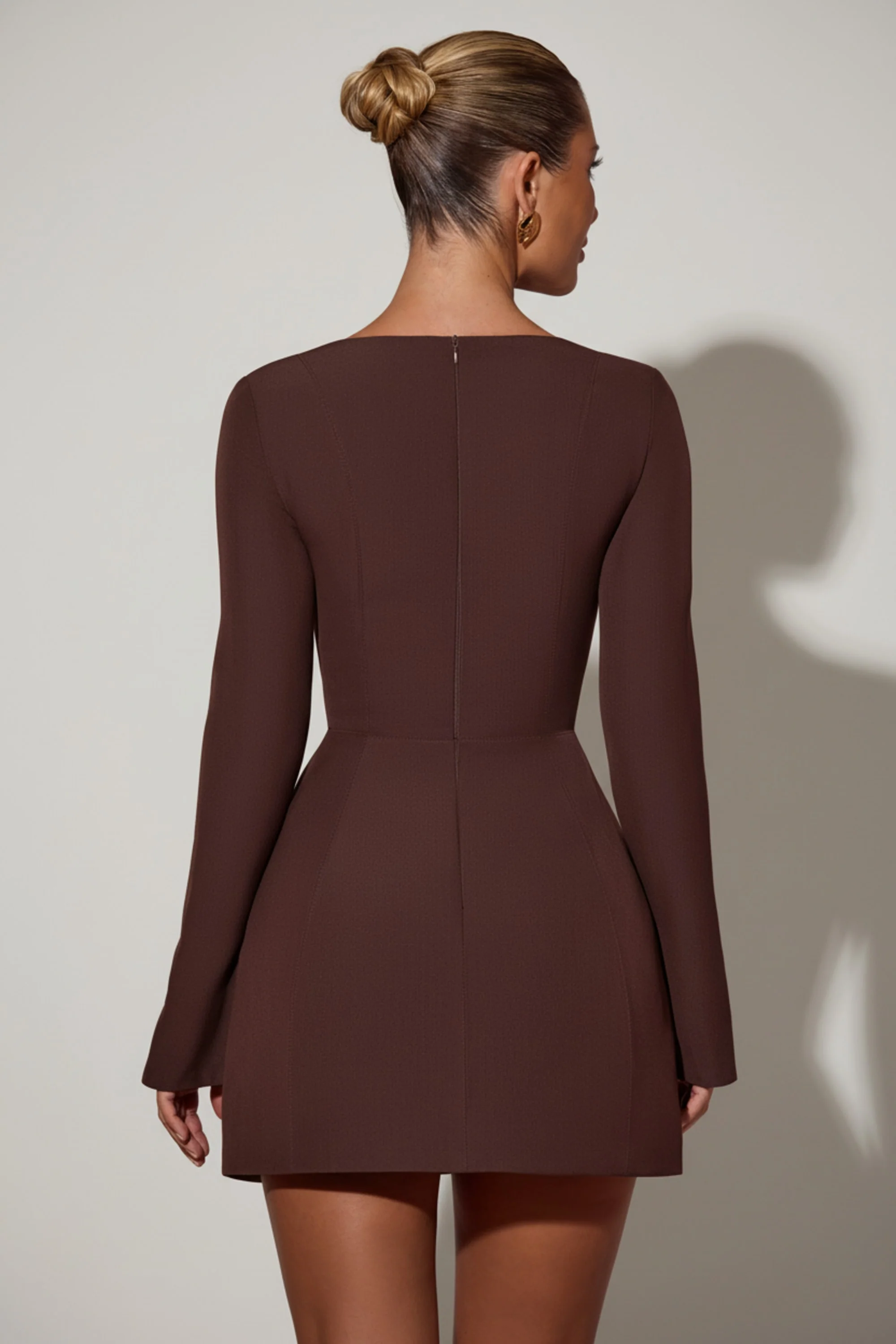 Square-Neck Structured Tulip Mini Dress in Chocolate Brown