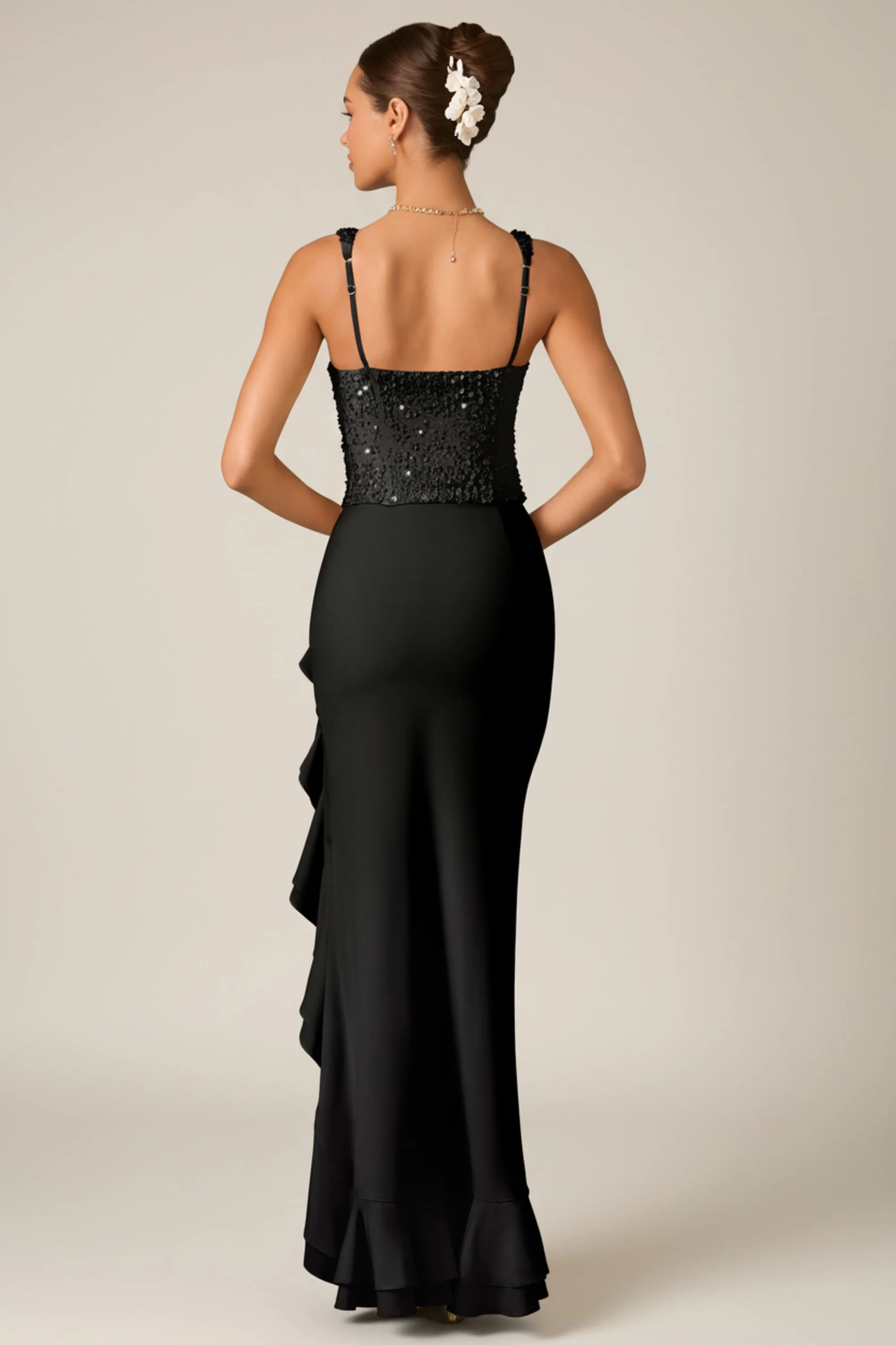 Embellished Ruffle-Trim Corset Gown in Black
