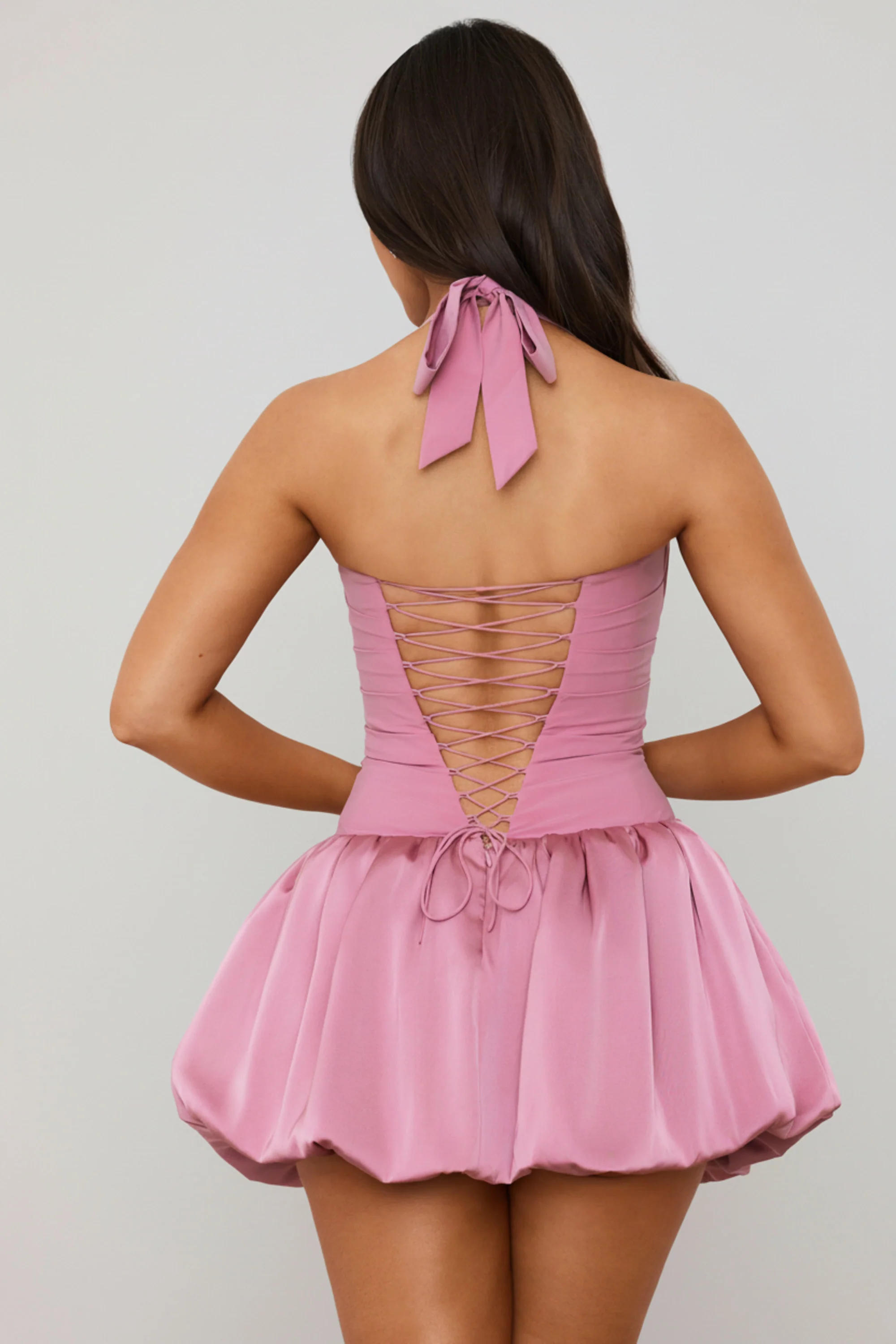 Halterneck Lace-Up Bubble Hem Corset Micro Mini Dress in Mauve