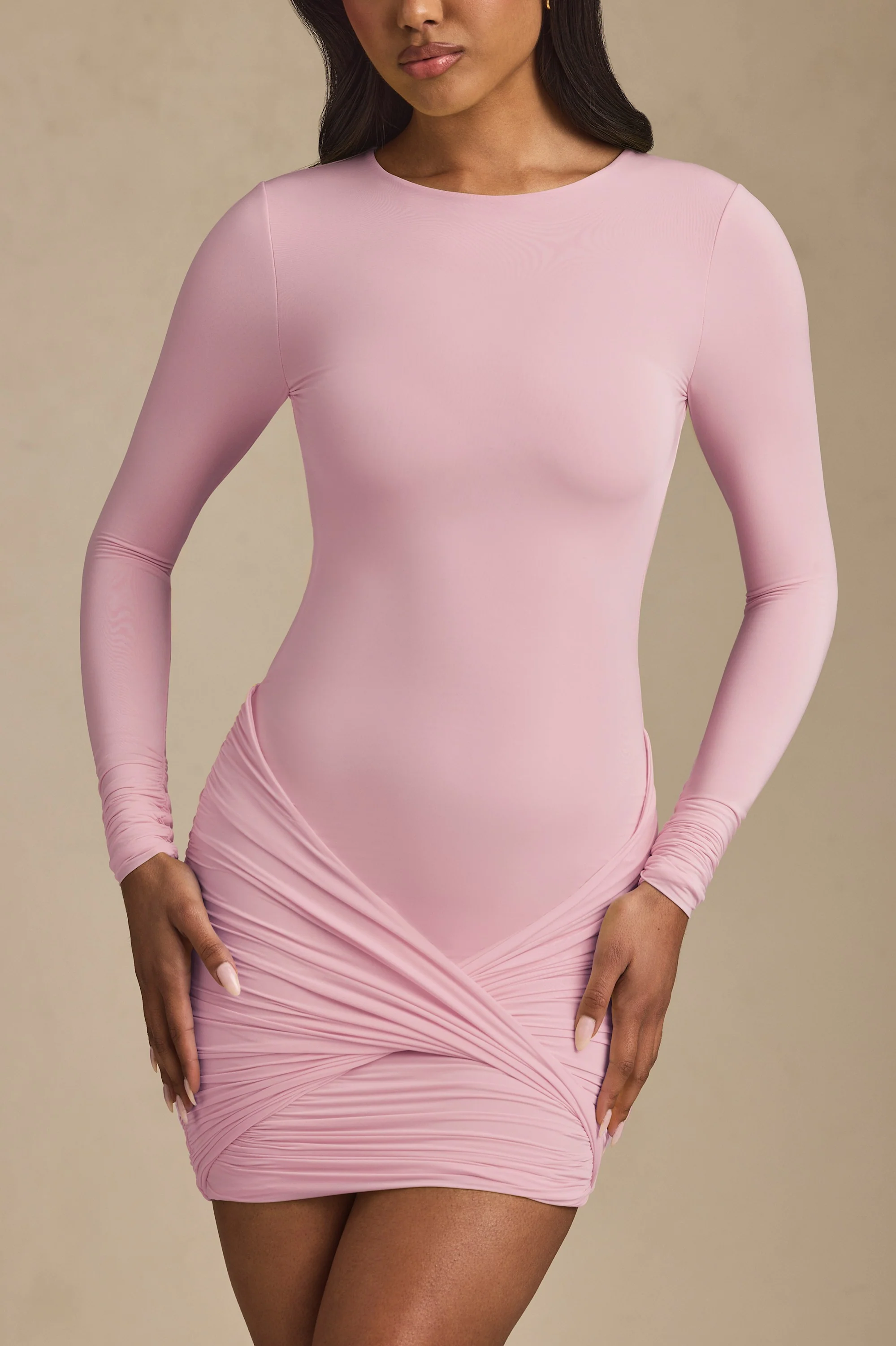 Twist-Front Ruched Backless Mini Dress in Soft Pink
