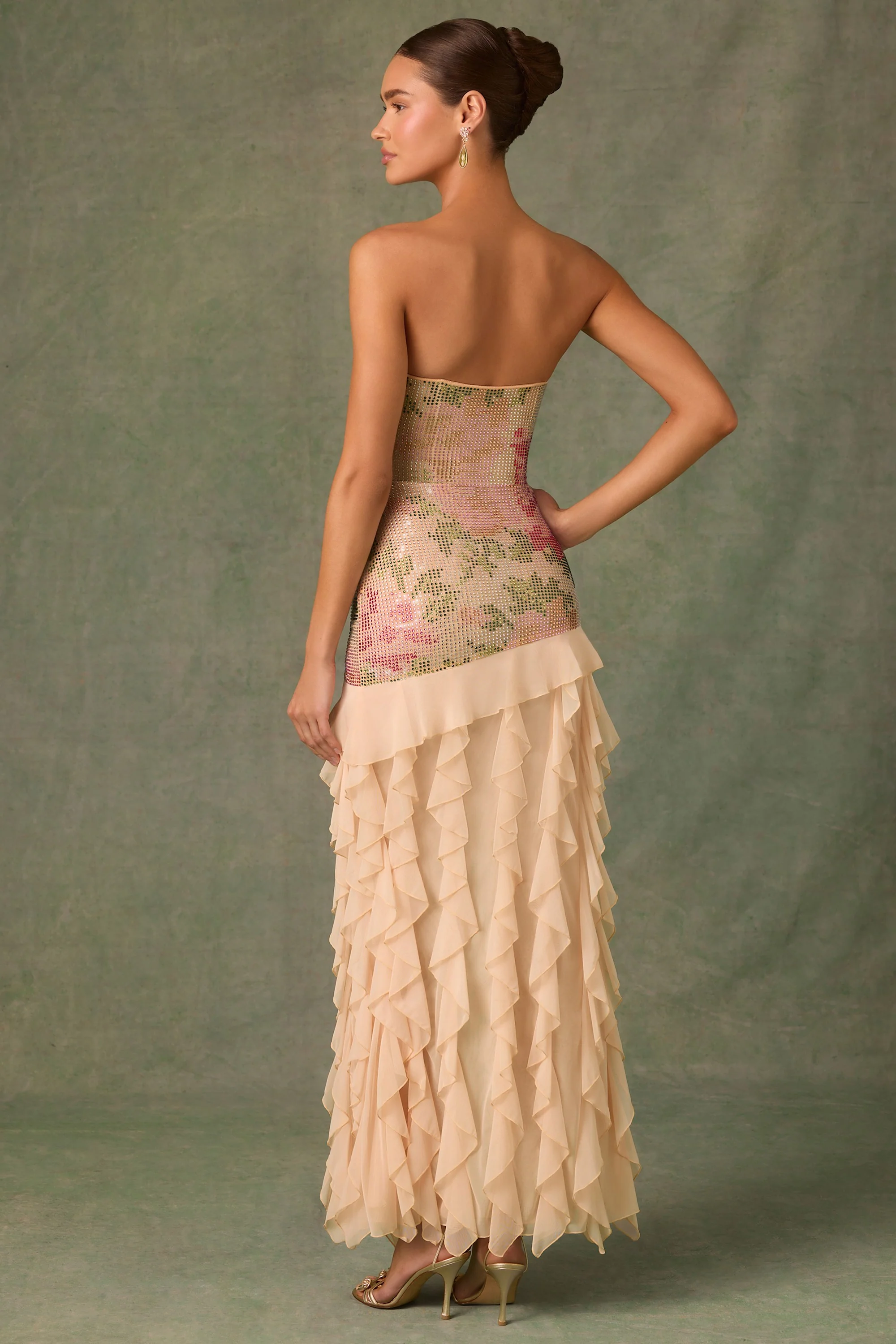 Embellished Ruffle-Trim Strapless Gown in Rose Hotfix