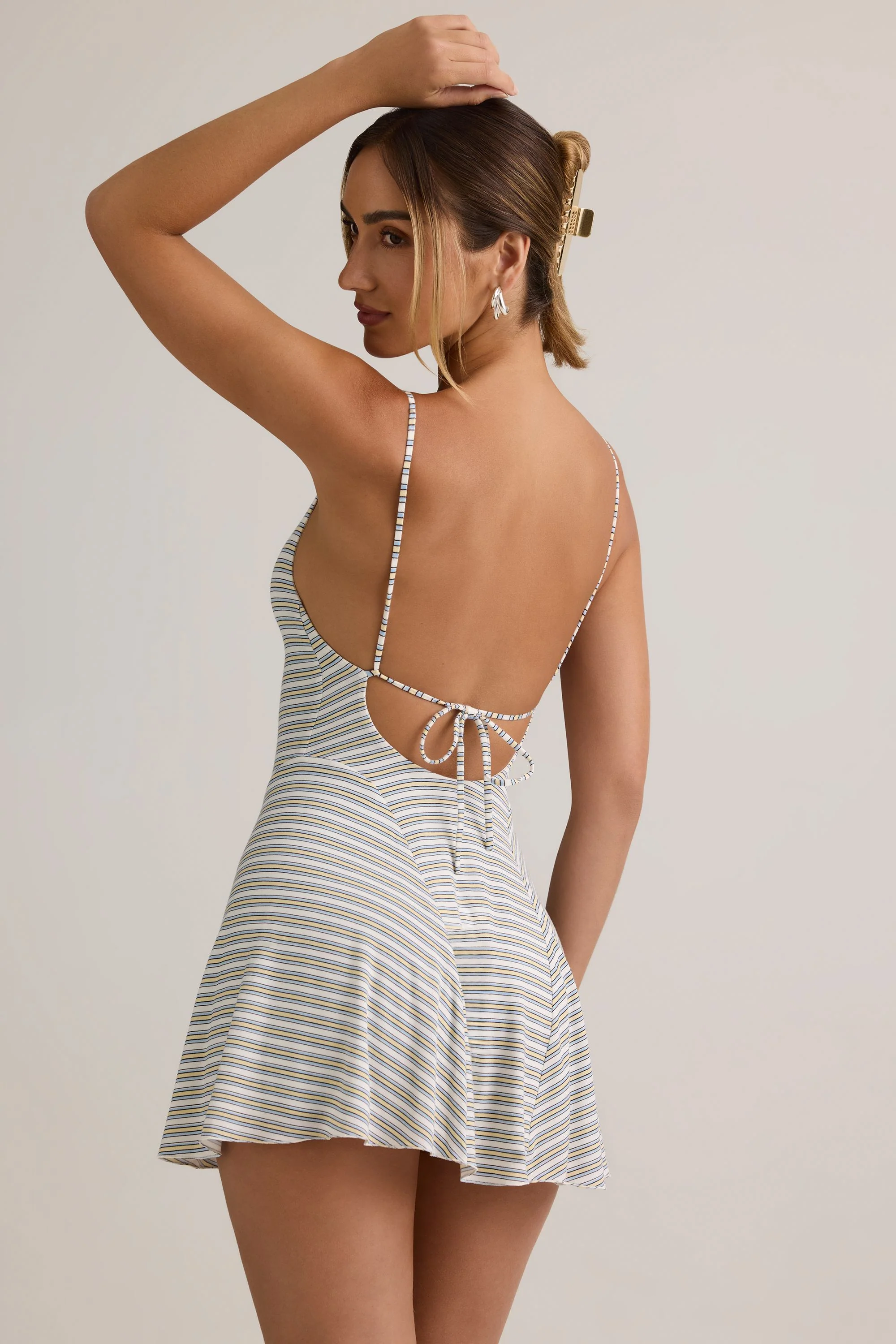 Modal Ribbed Tie-Back A-Line Mini Dress in Blue Yellow Stripe