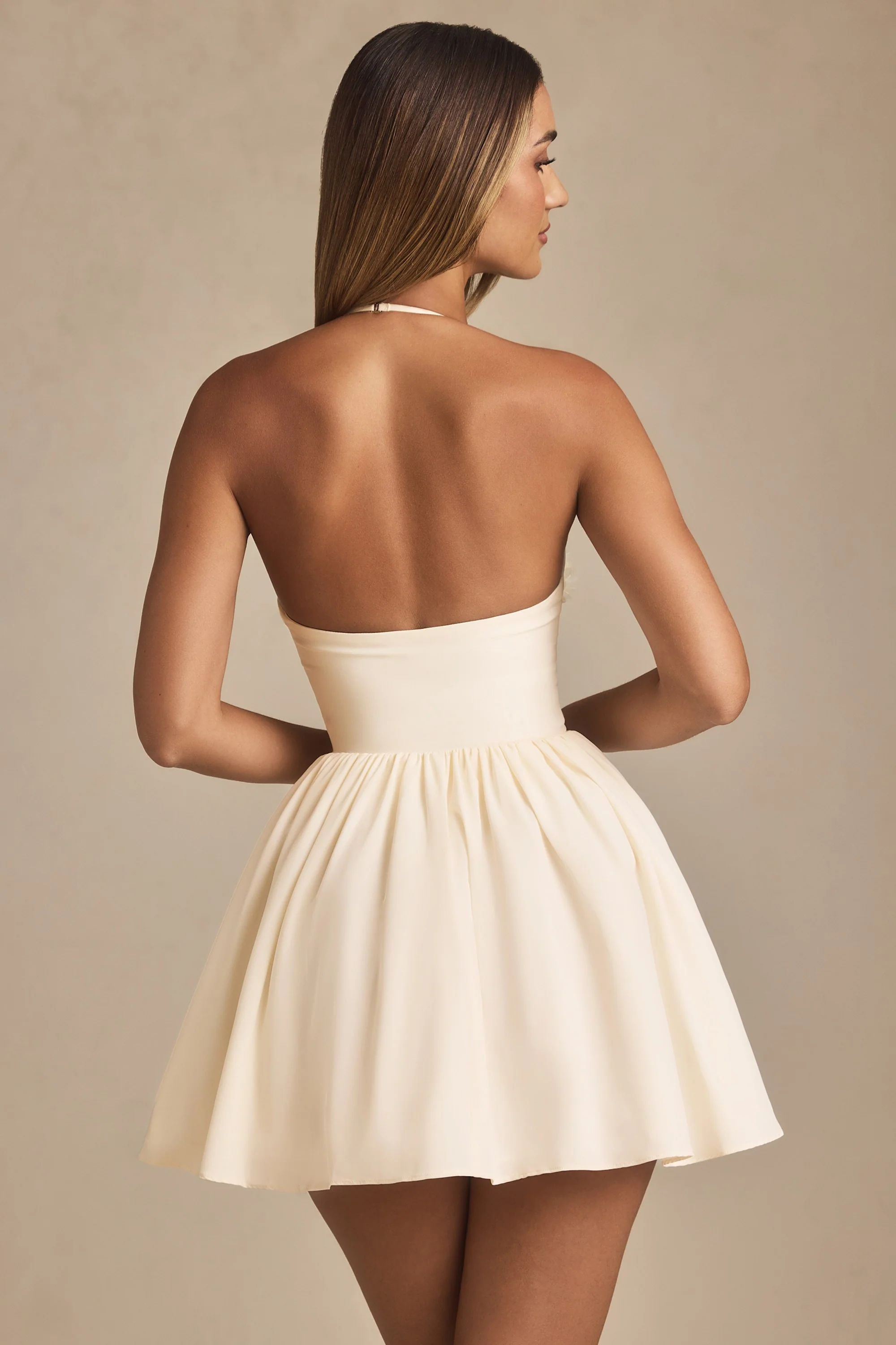Halterneck Floral-Appliqué Corset Mini Dress in Ivory