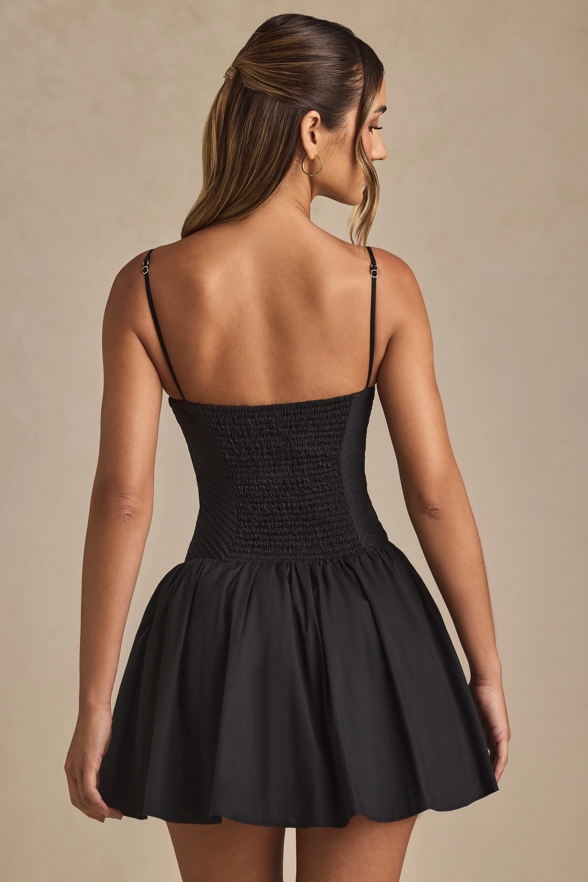 Pintucked Shirred Mini Dress in Black