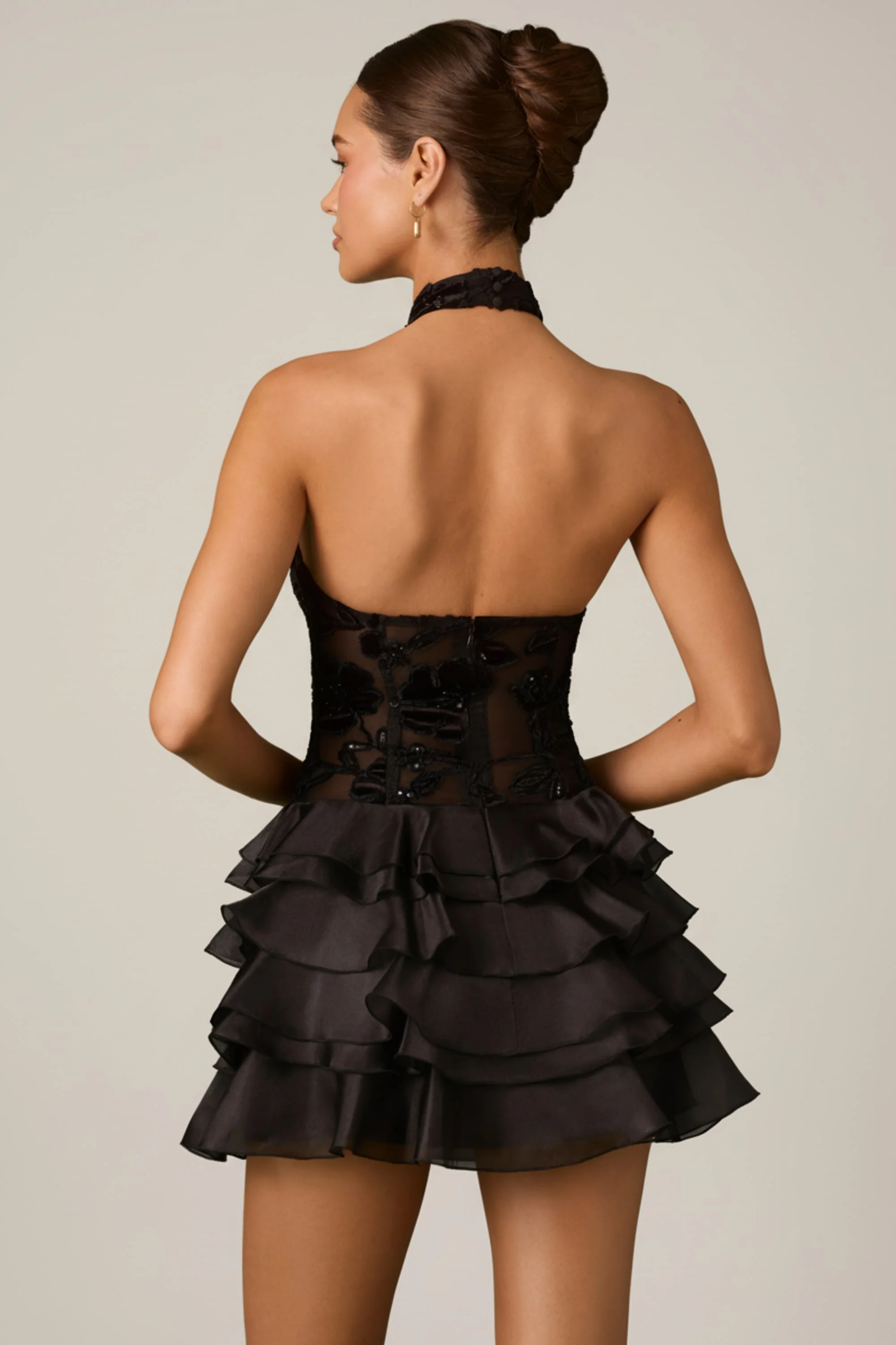 Embellished Ruffled Halterneck Mini Dress in Black