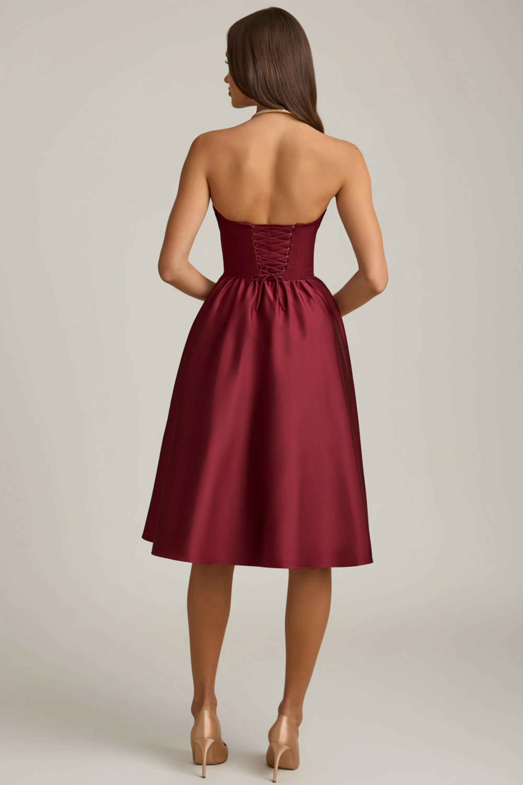 Strapless Corset Midi Dress in Wine Red