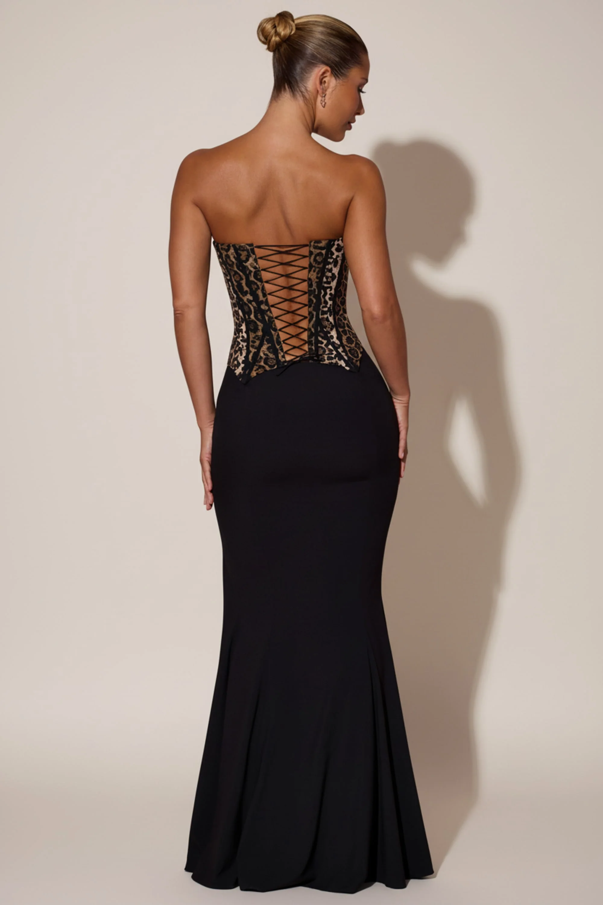 Lace-Up Corset Fishtail Maxi Dress in Black