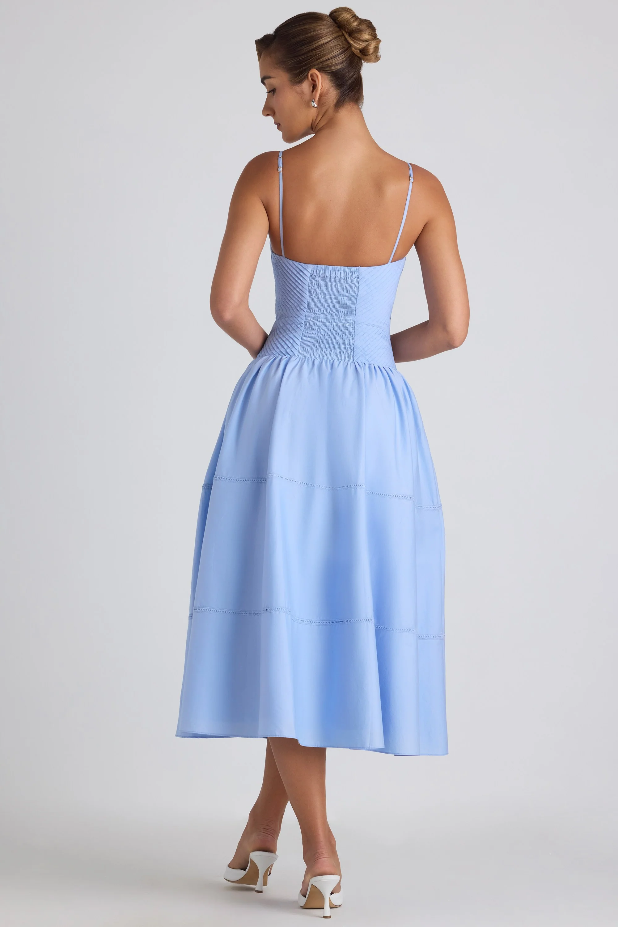 Lace-Trim Pintucked Poplin Midaxi Dress in Sky Blue