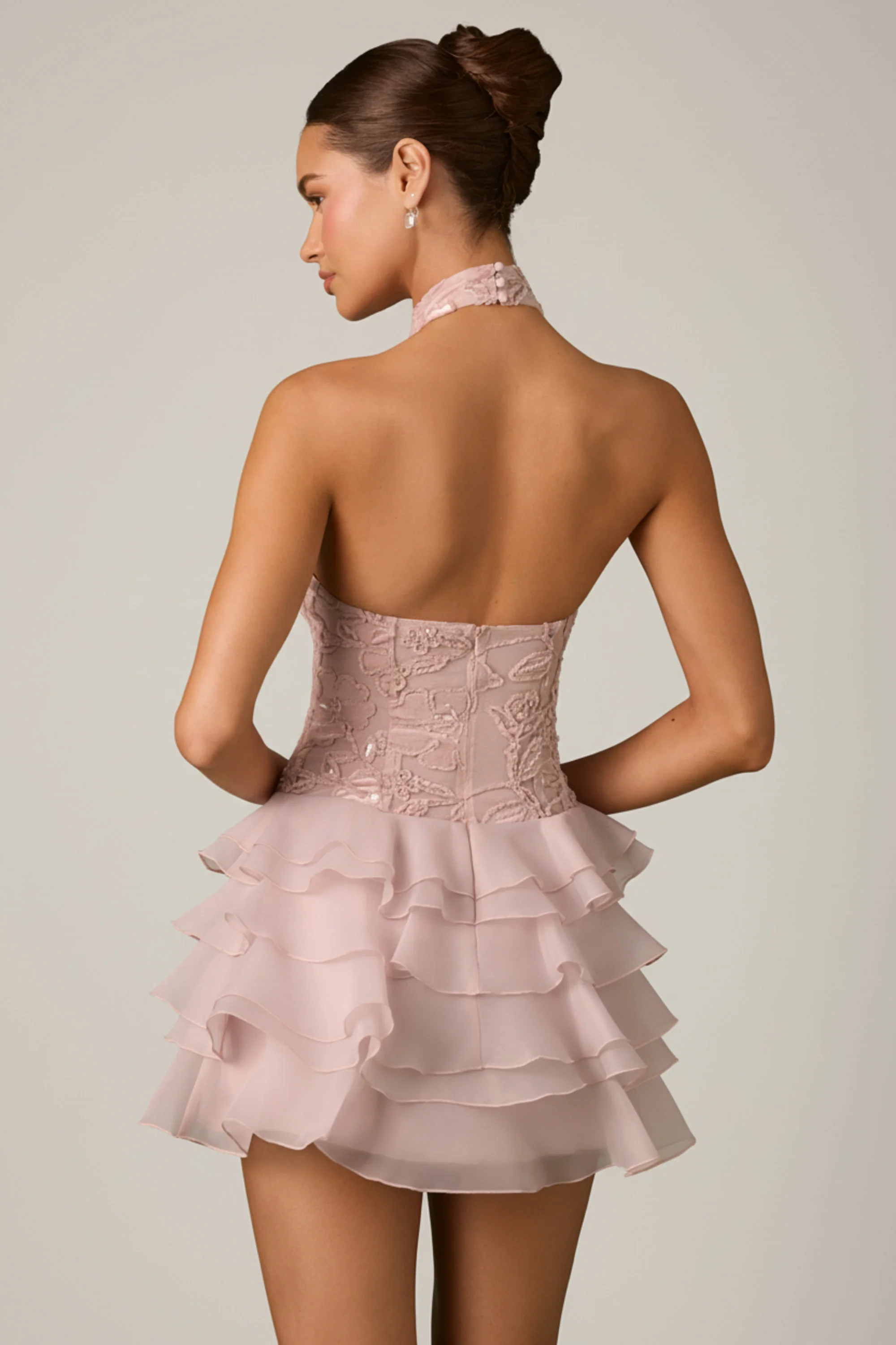 Embellished Ruffled Halterneck Mini Dress in Dusty Rose