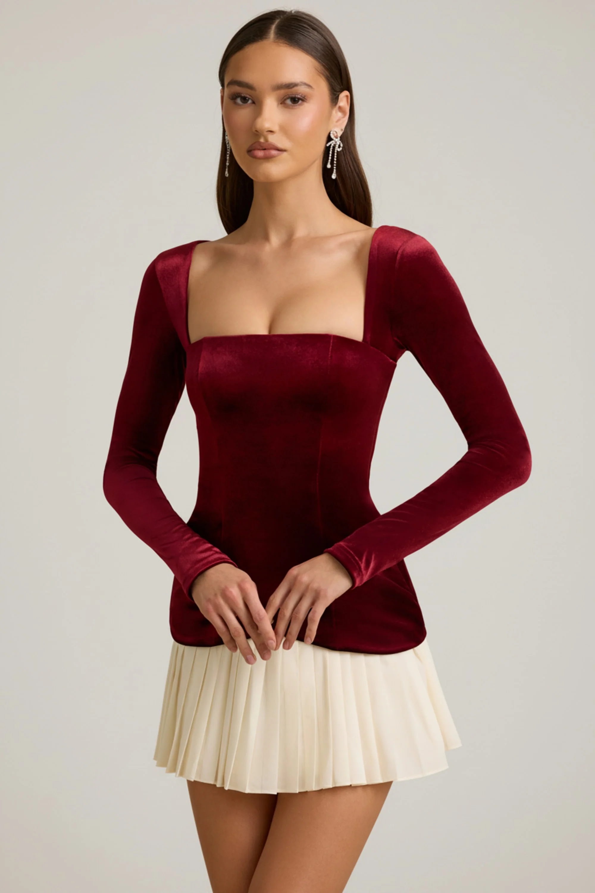 Layered Pleated Corset Mini Dress in Wine Red