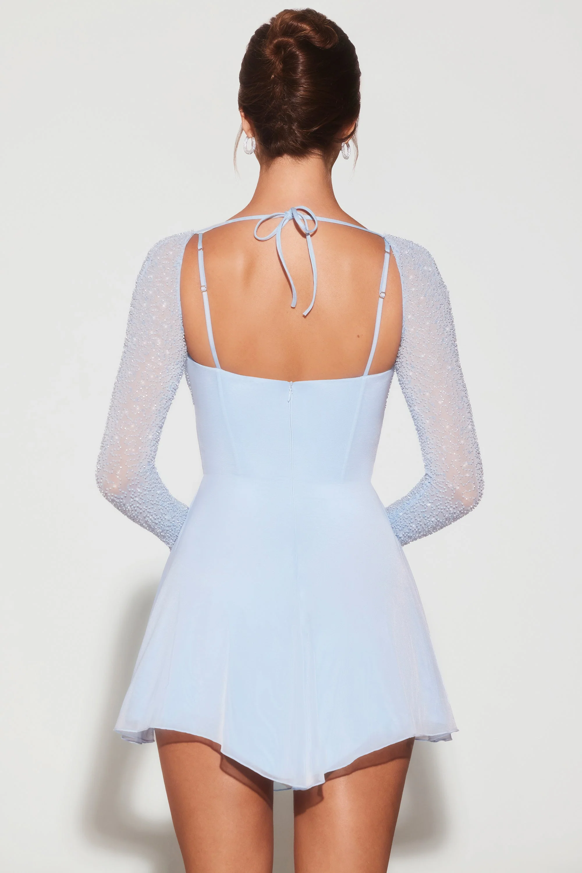 Embellished Long Sleeve Angled Hem Mini Dress in Blue