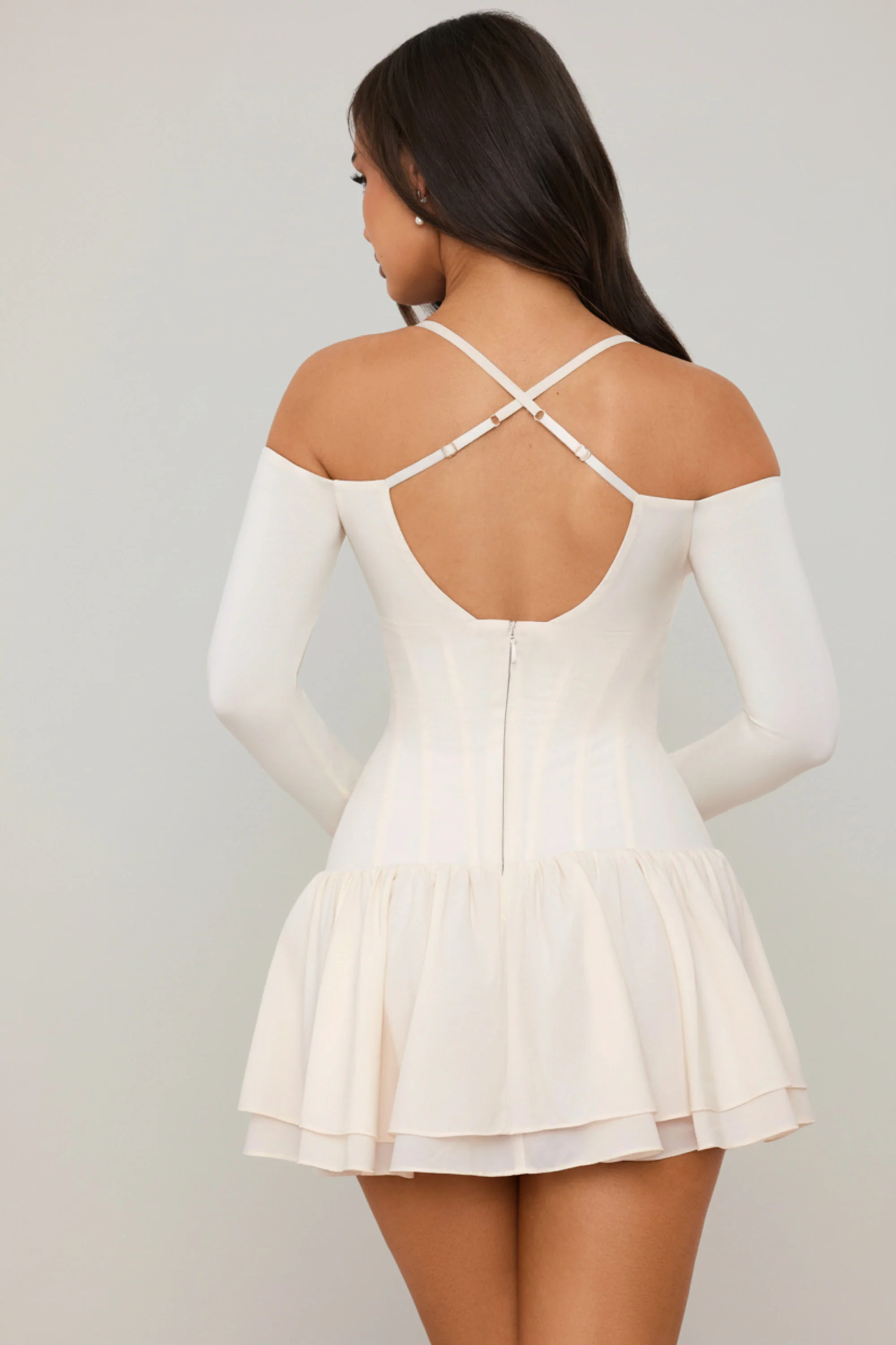 Off-Shoulder Tiered Corset Mini Dress in Ivory