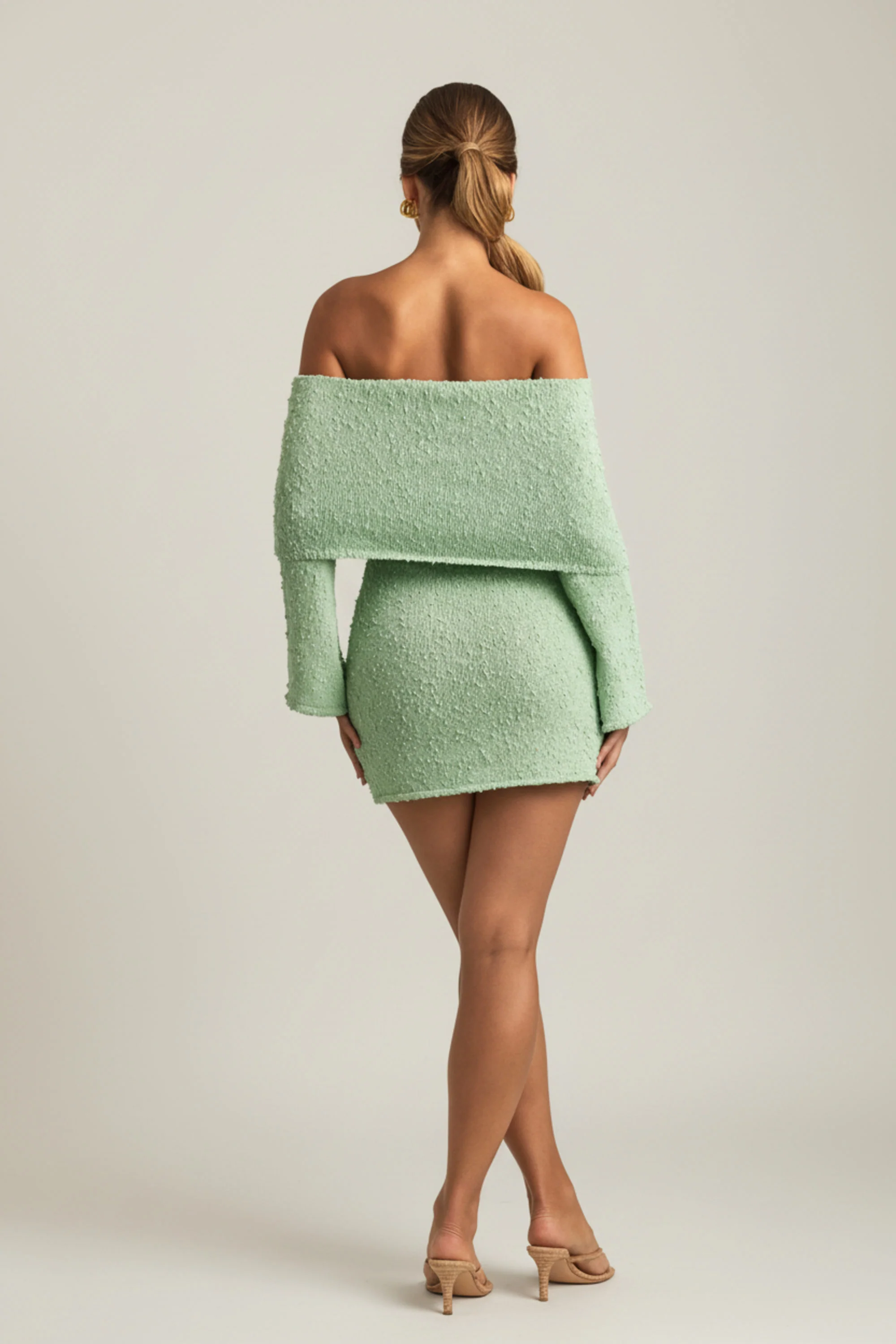 Bouclé Off-Shoulder Mini Dress in Mint