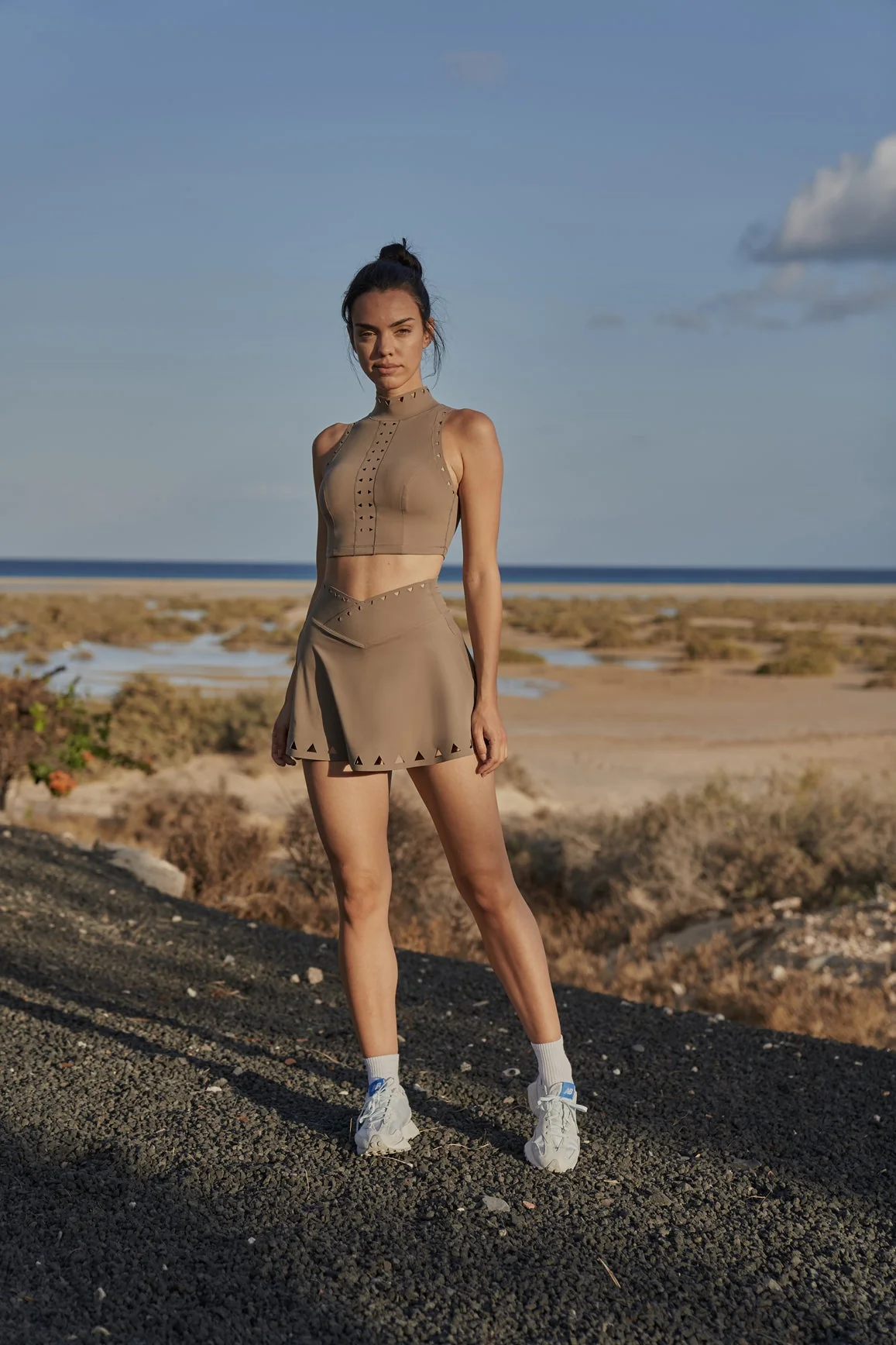 High Neck Laser Cut Leisure Bra + V-waist Laser Cut Tennis Skirt