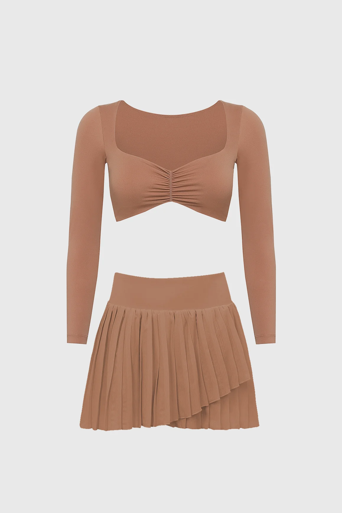 Long Sleeve Ruched Bra + Pleated Skirt