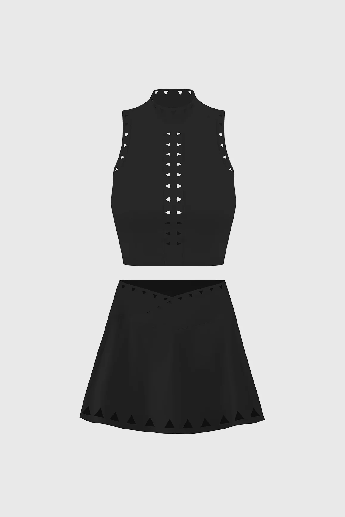 High Neck Laser Cut Leisure Bra + V-waist Laser Cut Tennis Skirt