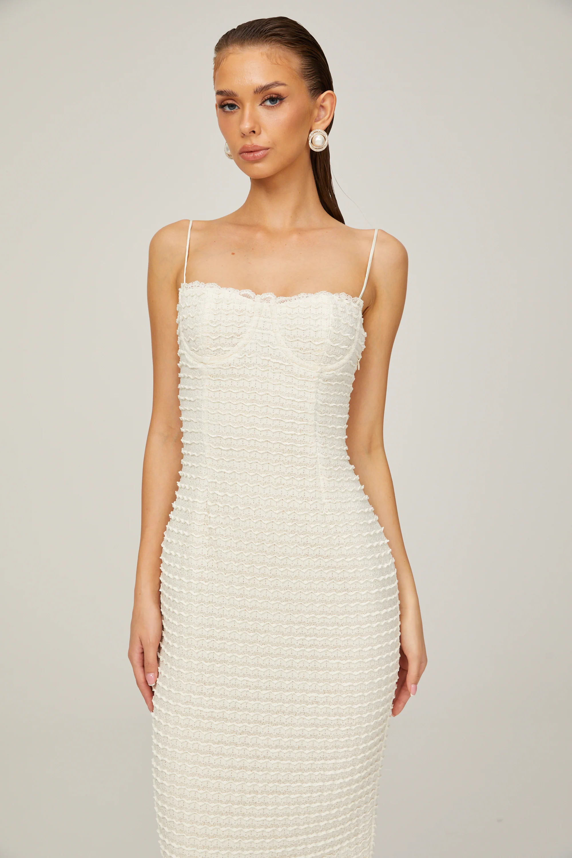 Katia white ruffle-lace boned maxi dress