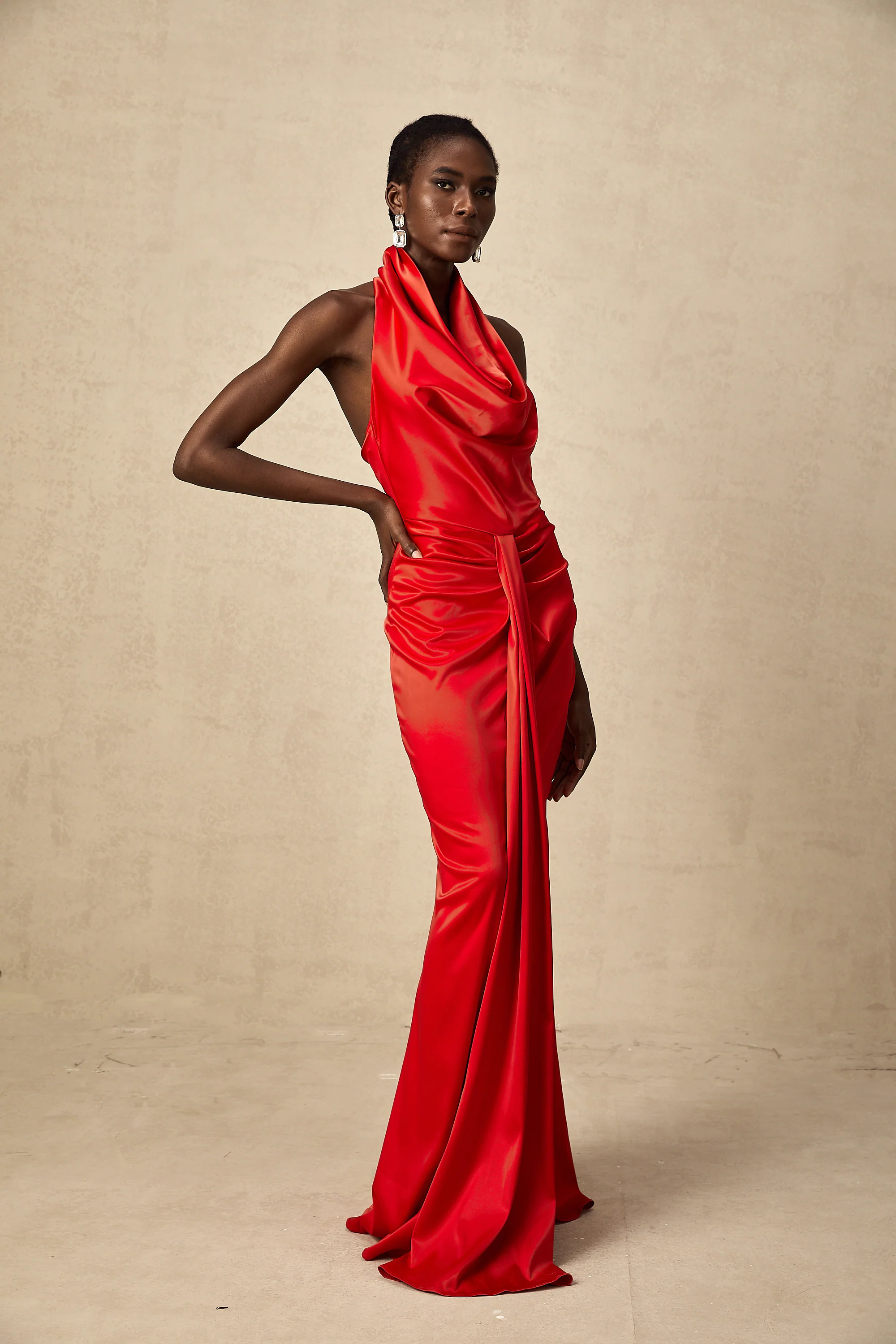 Alix red halterneck draped satin maxi dress