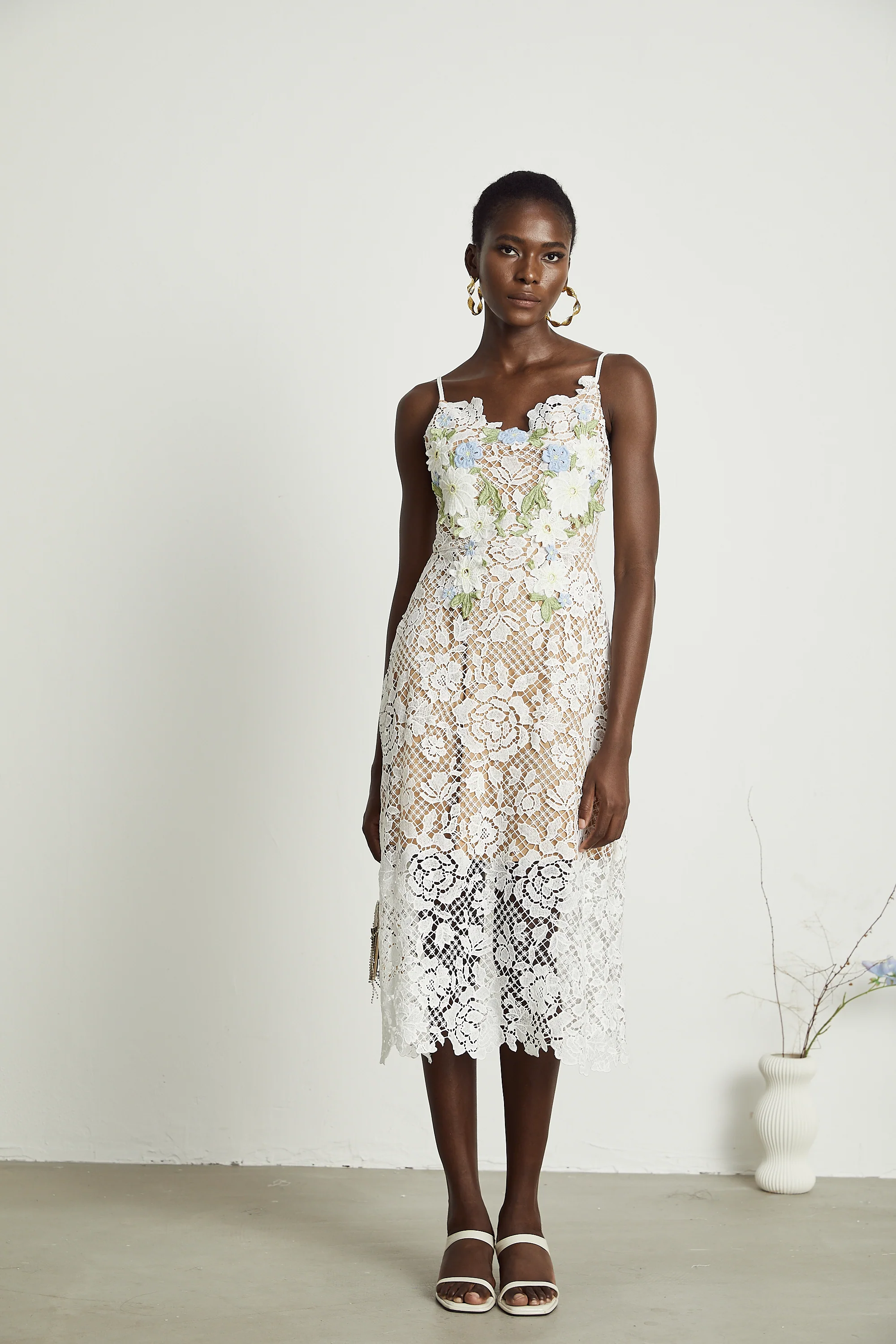 Hermine faux-floral embellished semi-sheer midi dress