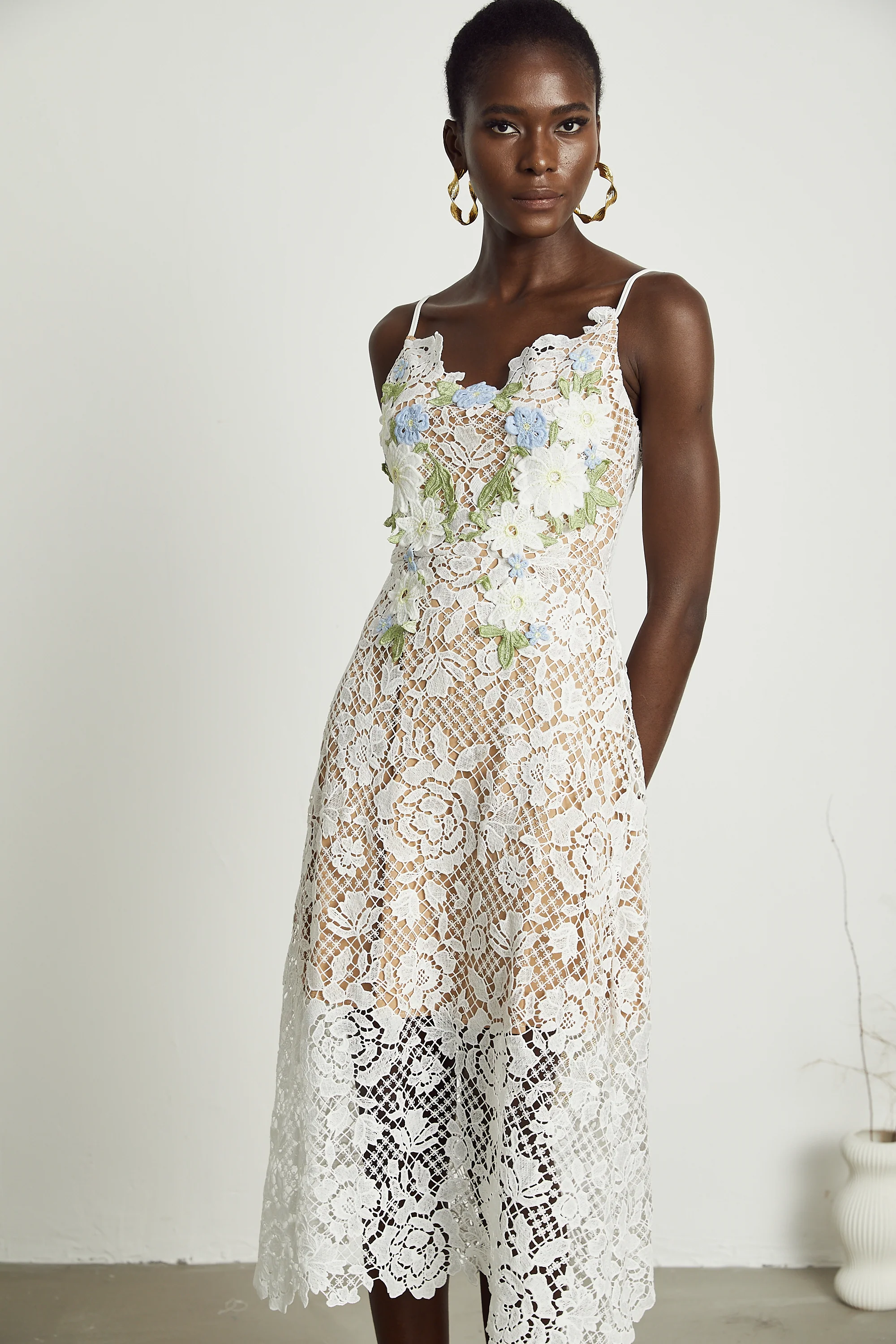 Hermine faux-floral embellished semi-sheer midi dress