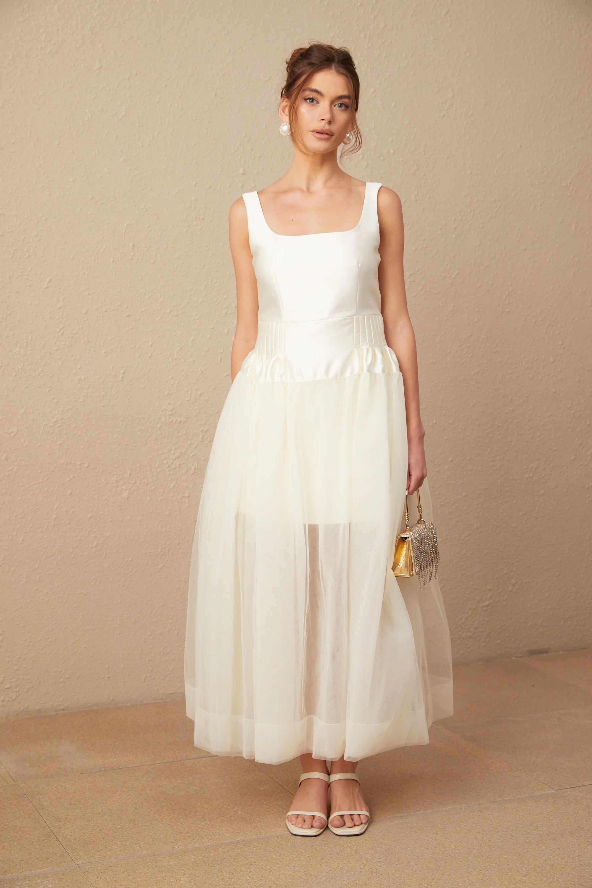 Lucie white satin tulle panelled maxi dress