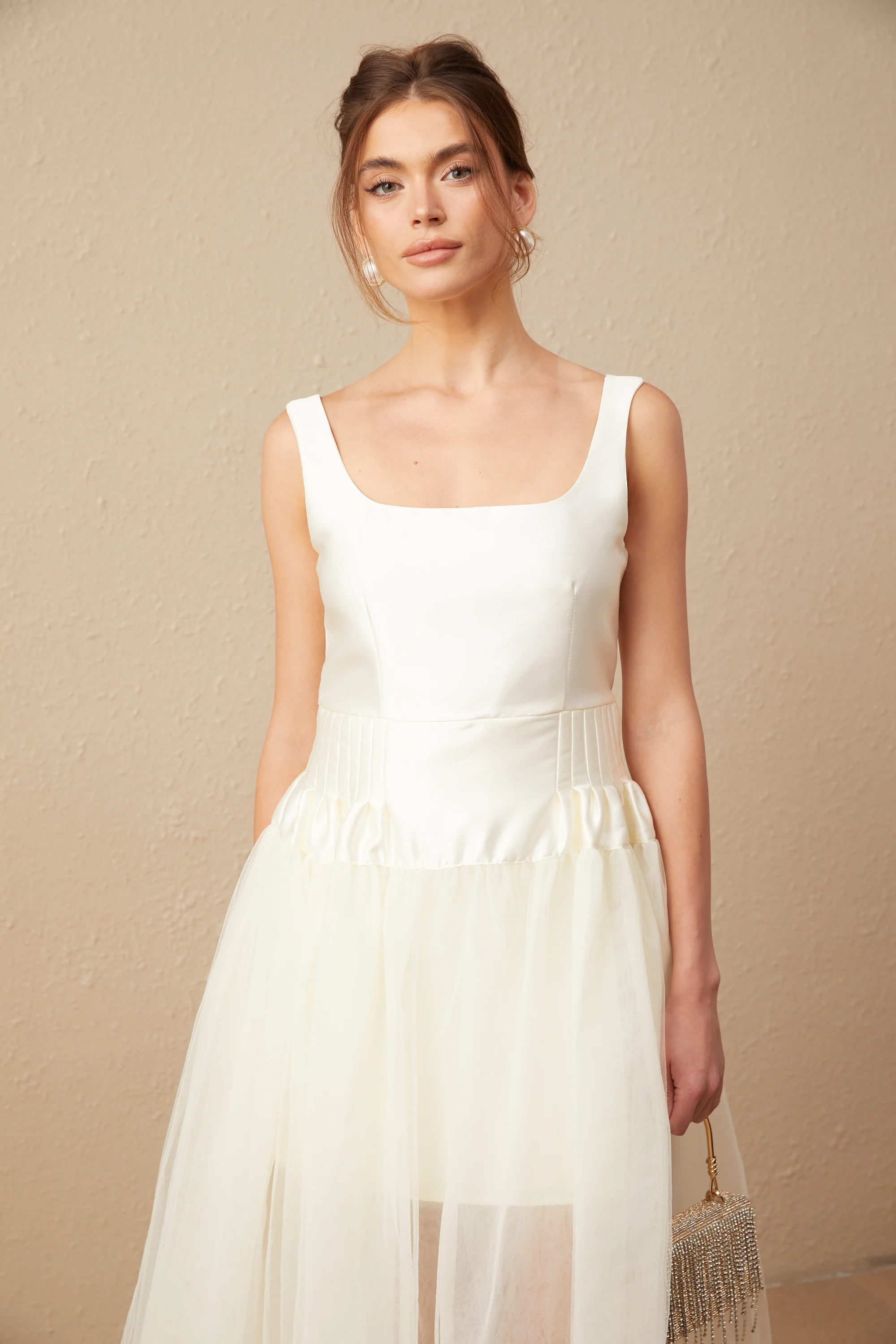 Lucie white satin tulle panelled maxi dress